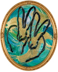 Hunt Slonem Blue & Gold "Double Bunny Totem"