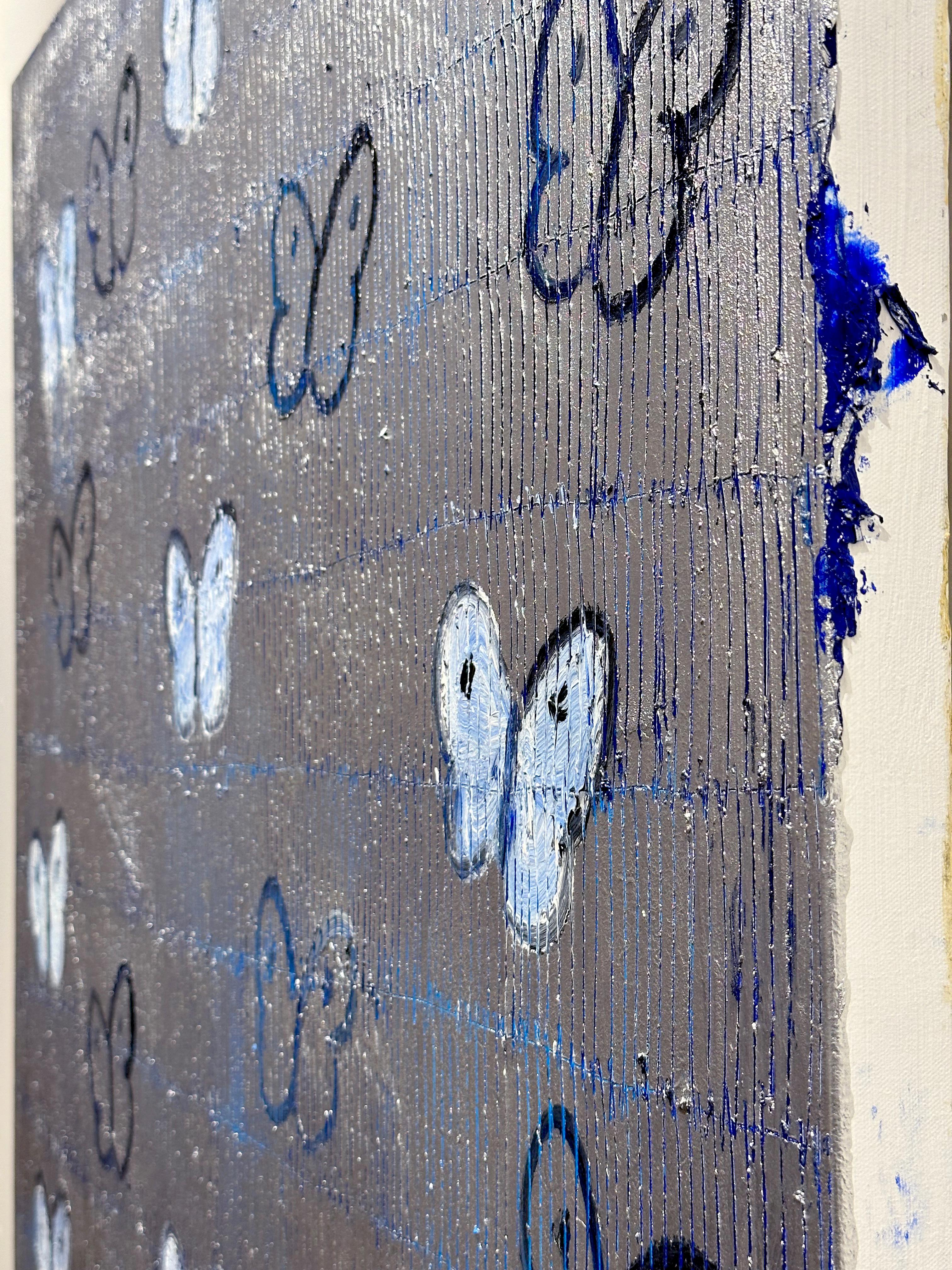 Hunt Slonem, „Blaues Silber Ascension“, 40x40 Silber Textur Schmetterling Ölgemälde im Angebot 6