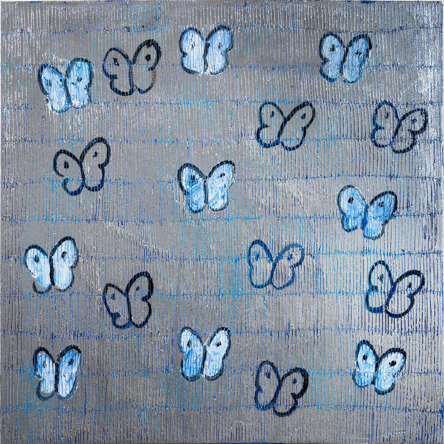 Renowned artist Hunt Slonem's "Blue Silver Ascension" is a 40 x 40 metallic silver scored oil painting on wood board of contemporary abstract butterflies in white and blue. 

*Painting is framed - Please note that not all Hunt Slonem frames are in