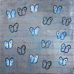 Hunt Slonem, « Blue Silver Ascension », peinture à l'huile papillon, texture argentée 40x40