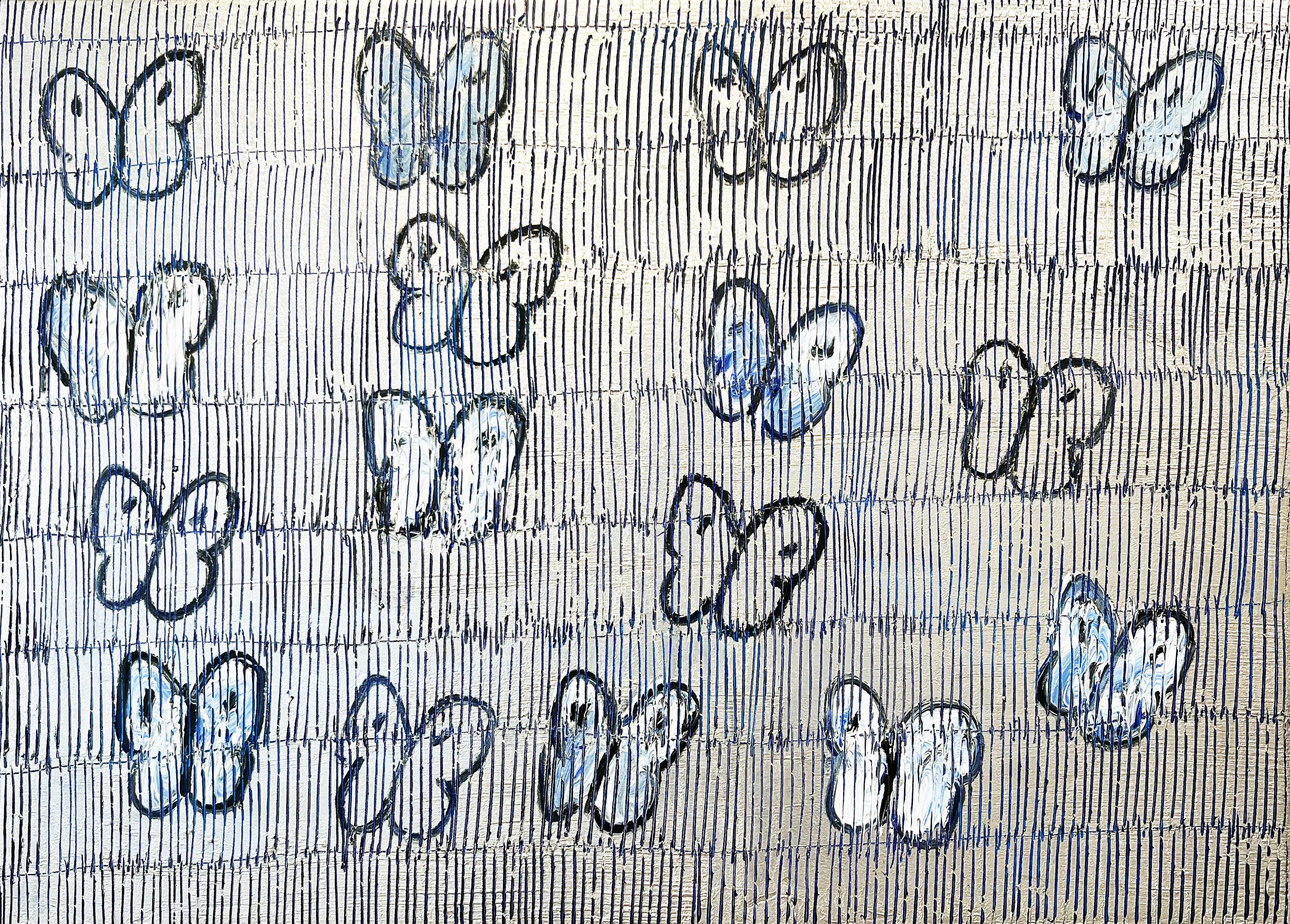 blauer Himmelfahrts-Augustmond" von Hunt Slonem, 2022. Öl auf Leinwand, 30 x 40 cm. Dieses Gemälde zeigt Slonems charakteristische Schmetterlinge in schwarzer Farbe auf einem blauen, schraffierten Hintergrund.

Slonem, der als einer der großen