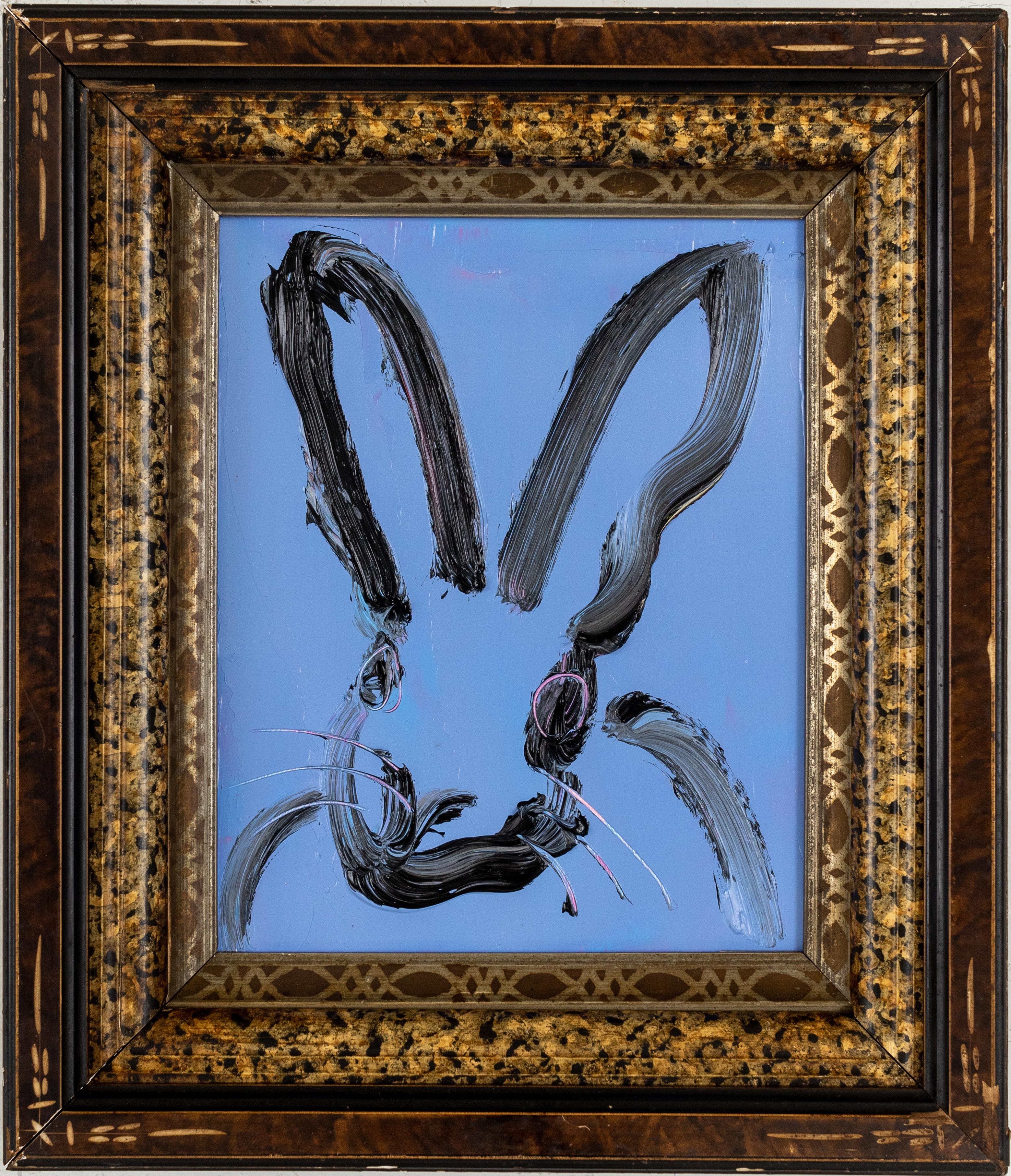 Hunt Slonem "Blues" Blue Bunny
Black gestured bunny on a blue background in an antique frame

Unframed: 10 x 8 inches  
Framed: 14.5 x 12.5 inches
*Painting is framed - Please note that not all Hunt Slonem frames are not in mint condition. There may