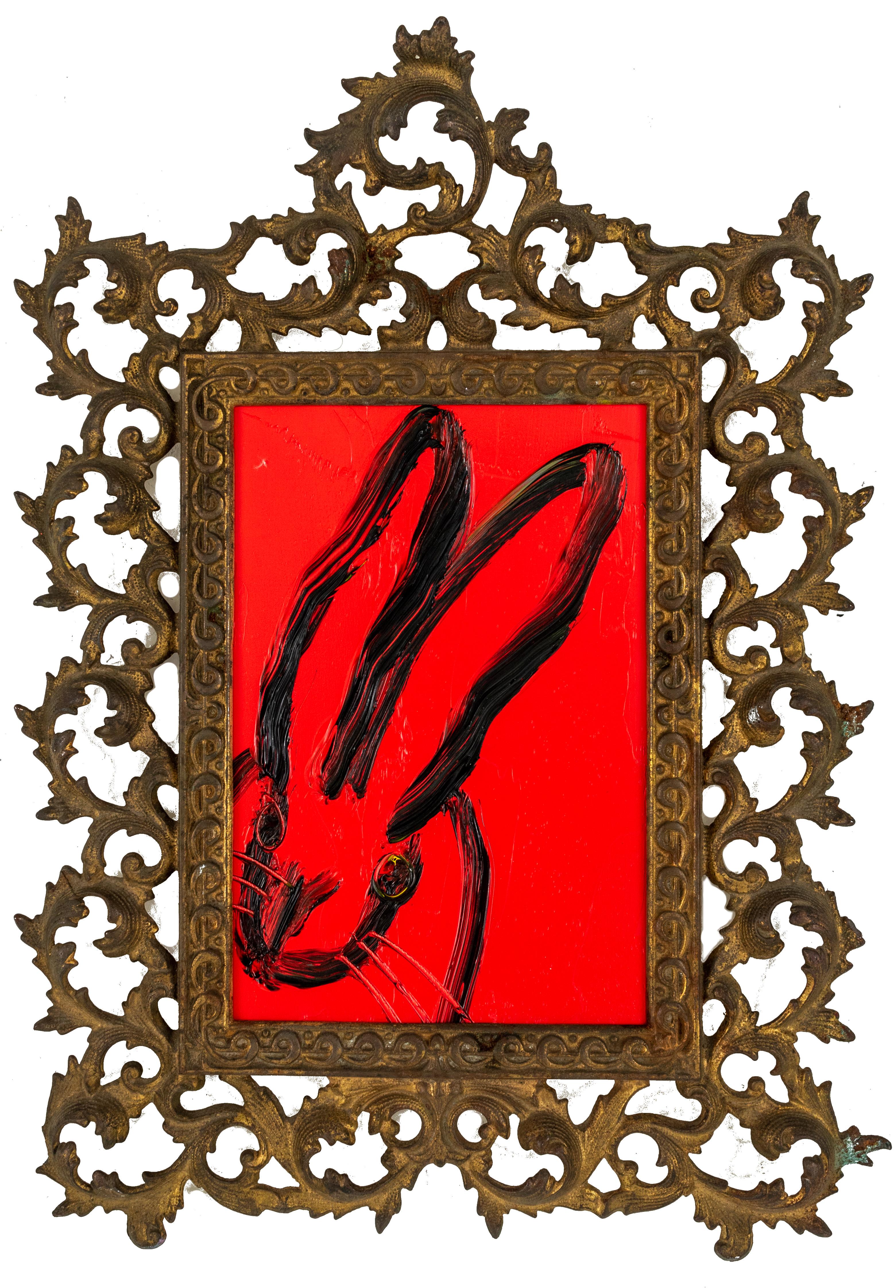 Hunt Slonem "Brass Ring" Red Bunny
Black outlined bunny on a red background in an antique ornate frame

Unframed: 9 x 6 inches  
Framed: 16.5 x 12 inches
*Painting is framed - Please note that not all Hunt Slonem frames are not in mint condition.