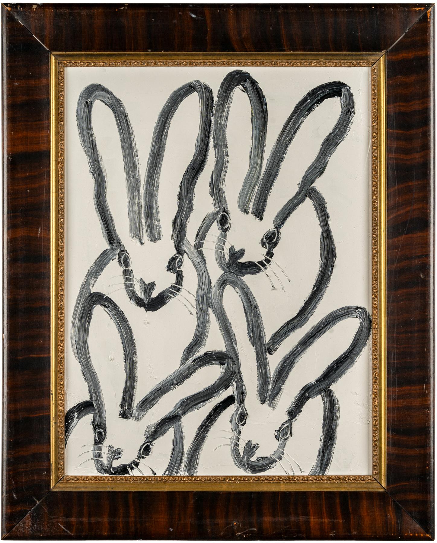 Available at Madelyn Jordon Fine Art. Hunt Slonem bunny oil painting 'Dutch Hutch' 2023. Oil on wood, 24.5 x 18.5 in. / Frame: 31 x 25 in. This painting features Slonem's signature bunny outlined in black over a white background. Framed in a