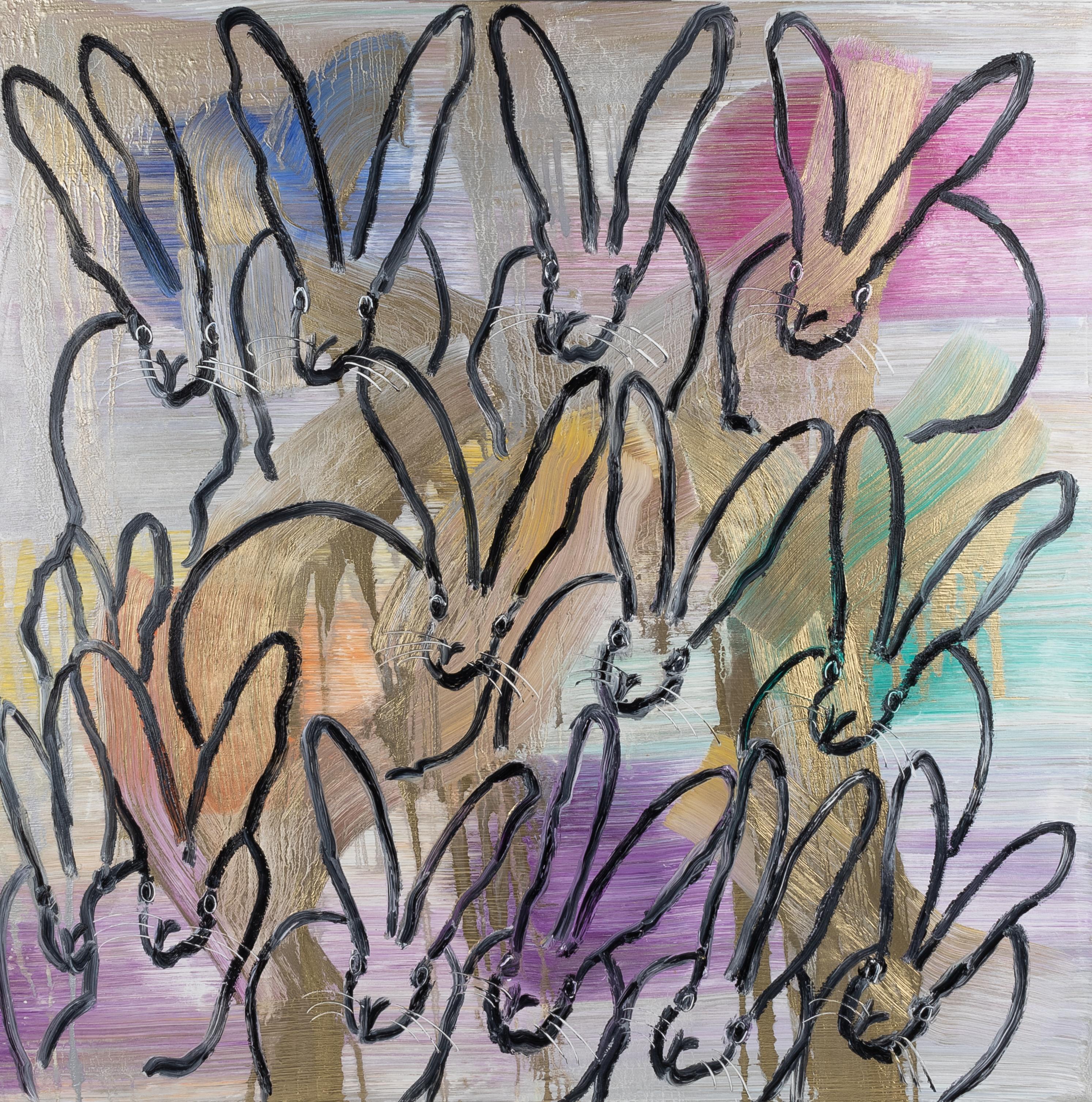 'The Good Earth Chinensis' 2019 by renowned New York City artist, Hunt Slonem. Oil on canvas, 48 x 48 in. This novel ‘bunnies’ painting is influenced by the hustle and bustle, 24 hour a day, irradiant lights of New York City’s Chinatown, where the