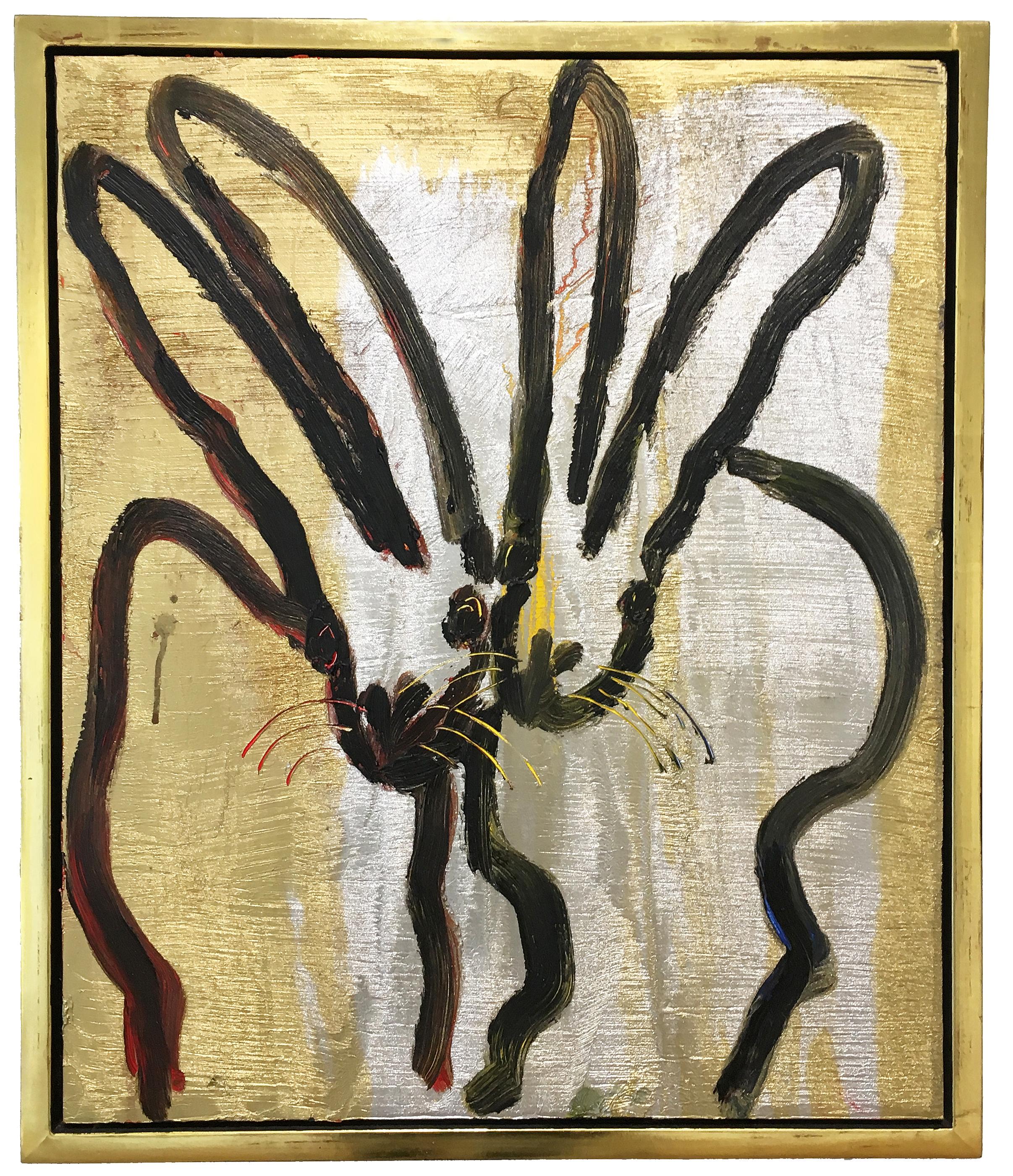 'The Kiss 2' 2019 by renowned New York City artist, Hunt Slonem. Oil on wood, 24 x 20 in. / Frame: 26 x 22 in. This painting features a charming portrait of two bunnies. The artist's ongoing experimentation with unconventional methodologies provide