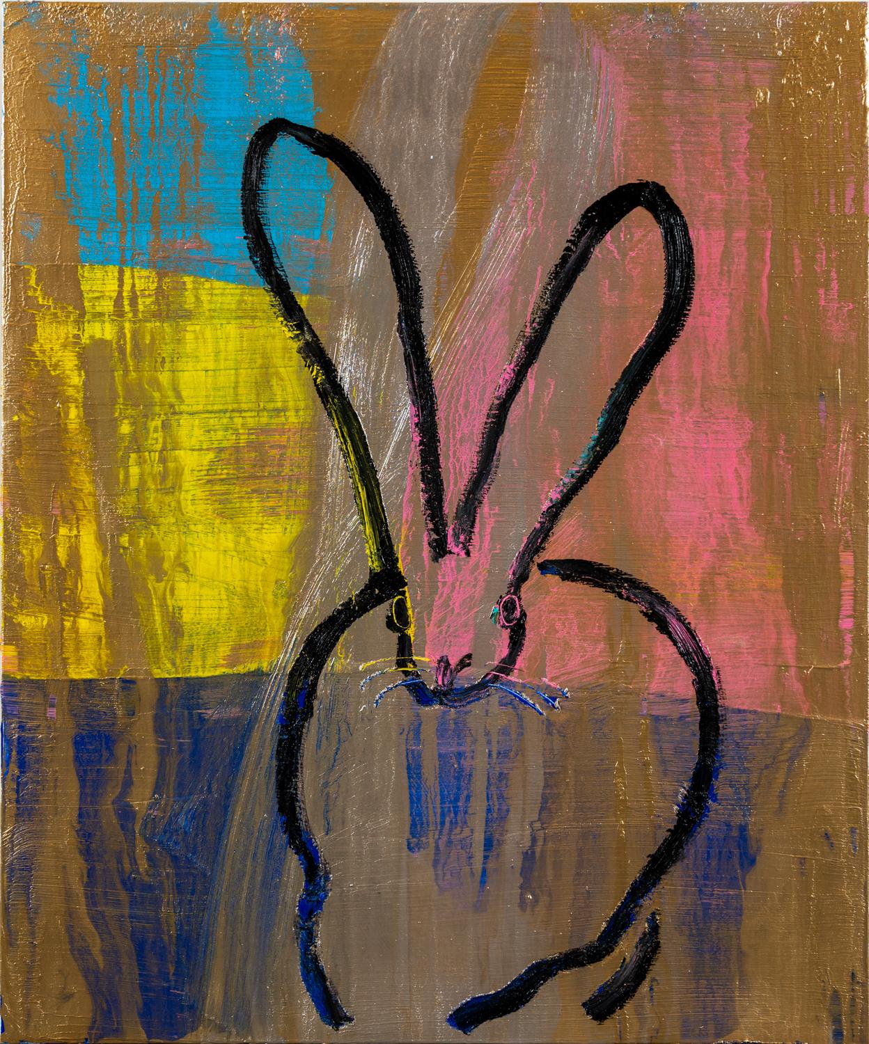 Hunt Slonem "Bunny M." Black Outline Bunny On Multicolor Gold And Silver