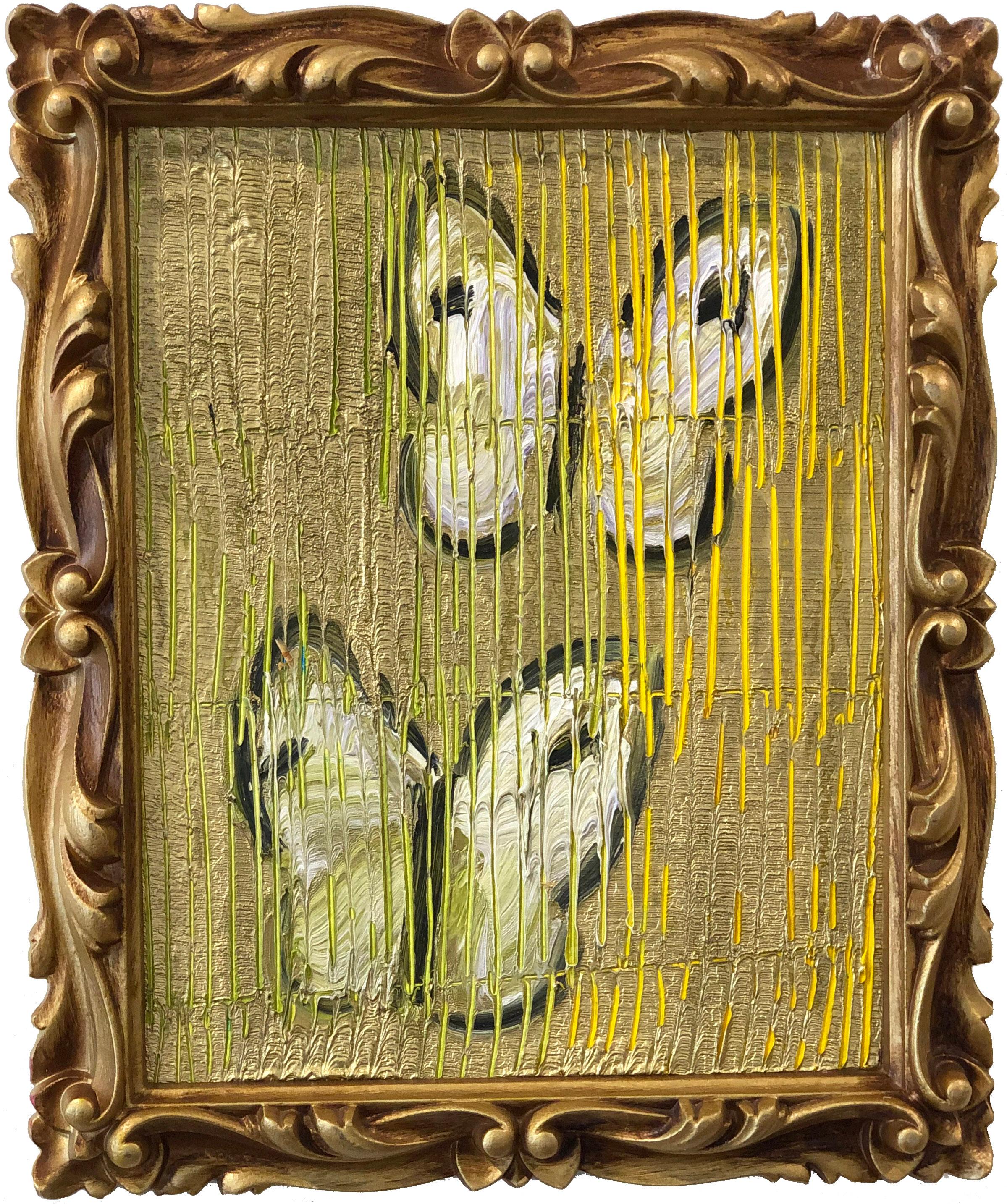 'Duet' 2020 by renowned New York City artist, Hunt Slonem. Oil on wood, 10 x 8 in. / Frame: 12 x 10 in. This painting features a charming portrait of butterflies. The artist's ongoing experimentation with unconventional methodologies provide the