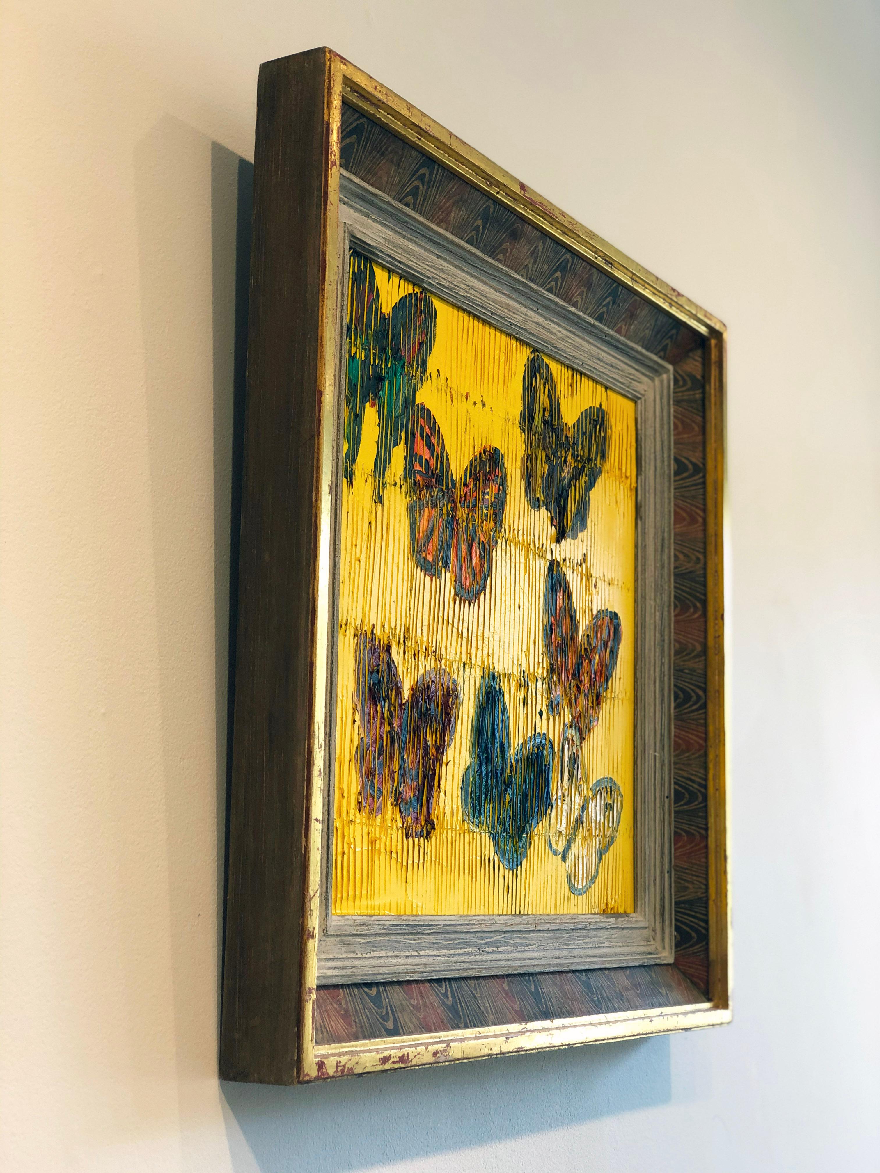 'Viceroy' 2019 by renowned New York City artist, Hunt Slonem. Oil on wood, 16 x 16 in. / Frame: 22 x 22 in. This painting features a charming portrait of butterflies. The artist's ongoing experimentation with unconventional methodologies provide the