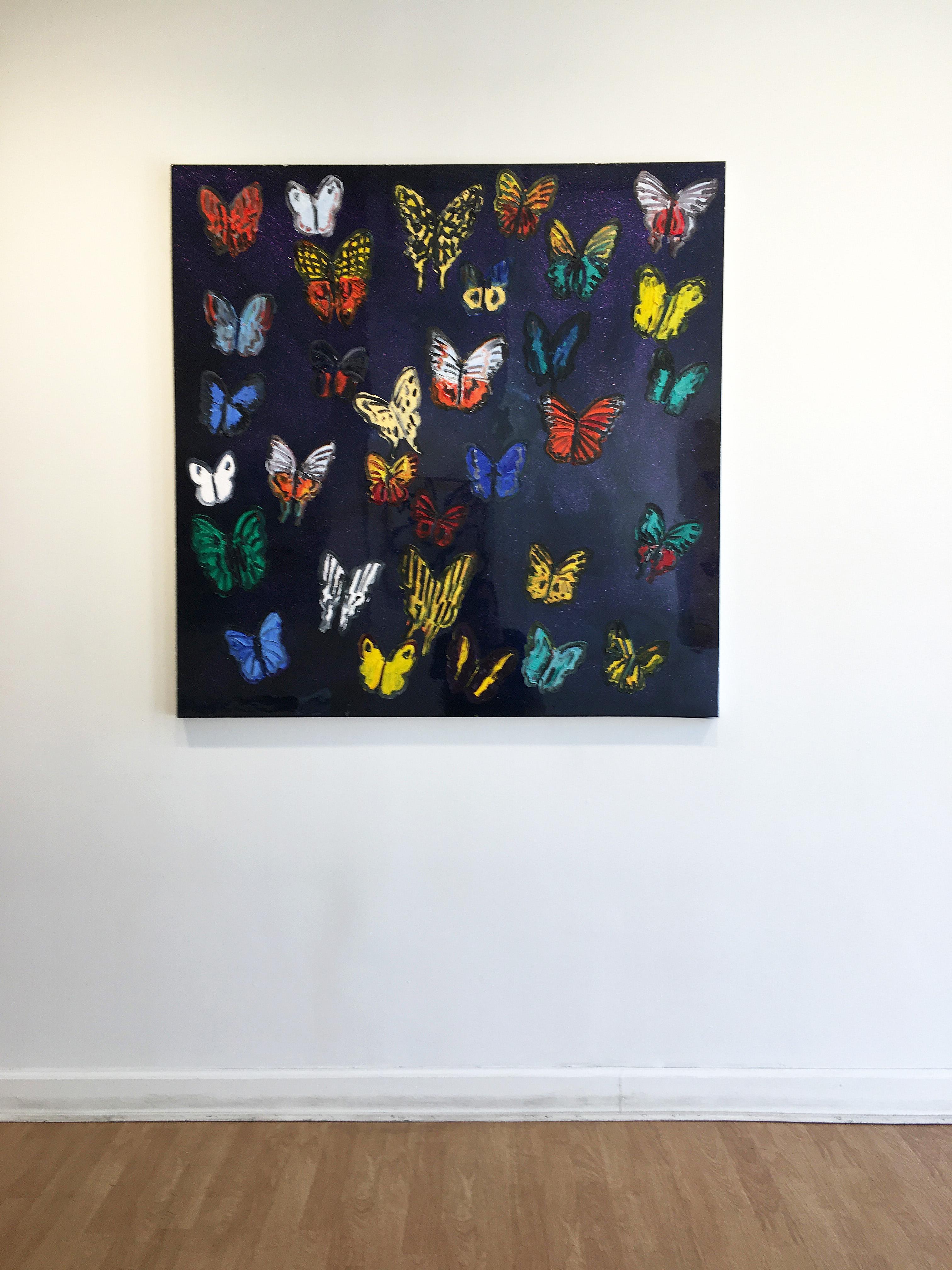 'Butterflies' 2019 by renowned New York City artist, Hunt Slonem. Oil, acrylic and resin on canvas, 48 x 48 in.  This painting features a charming portrait of butterflies. The artist's ongoing experimentation with unconventional methodologies and