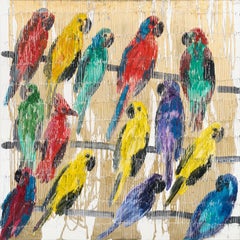 Hunt Slonem "Canticle" Oiseaux multicolores sur fond blanc et or