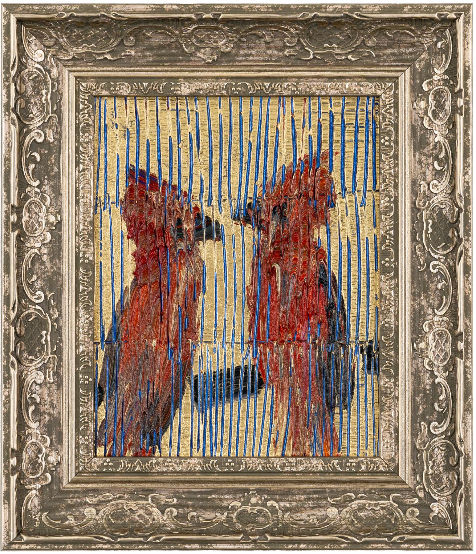 Hunt Slonem "Cardinals" Two Red Birds 
Two red Cardinal birds sitting on a branch over a gold metallic and blue etched background. Framed in an antique frame.

Unframed: 10 x 8 inches
Framed: 14.5 x 12.5 inches
*Painting is framed - Please note Hunt