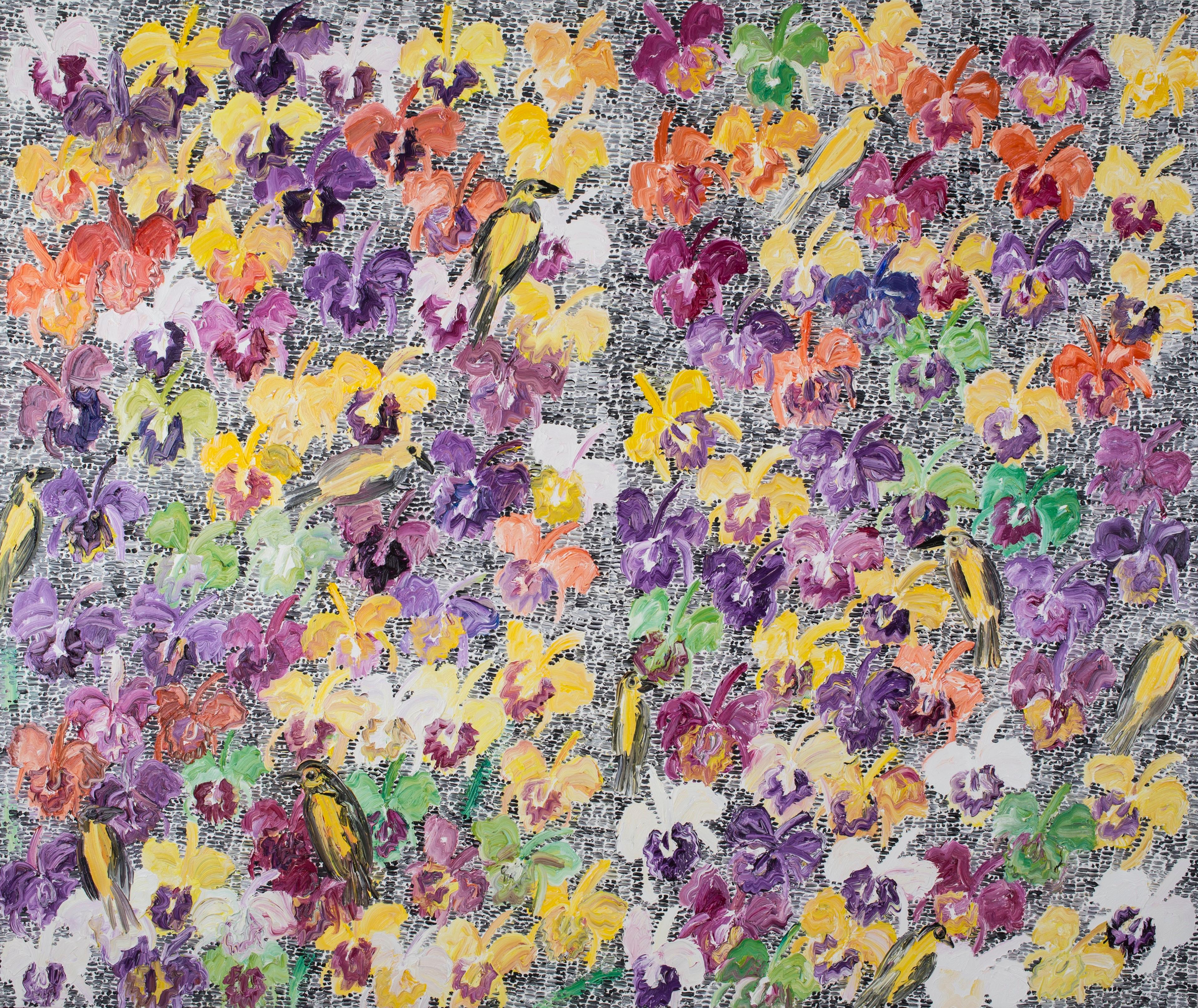 Hunt Slonem "Catalayas and Orioles" Birds, Flowers and Guardians on White
Multiple birds and orchid flowers on a white "Guardian" background
Unframed

Hunt Slonem is a well-renowned American artist known for his neo-expressionist paintings of