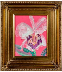 Hunt Slonem, "Cattleya Big Island", Pink White Floral Leaf Oil Painting
