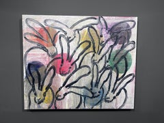 Hunt Slonem "Chenesis", 30x36 Pintura al óleo contemporánea de conejitos en círculo multicolor