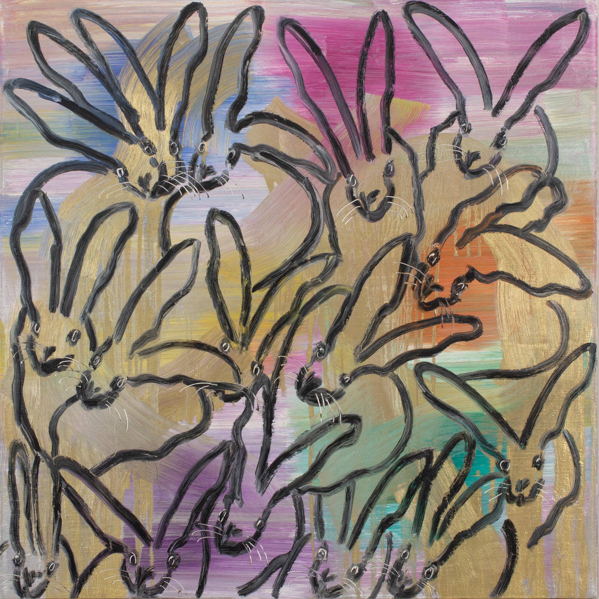 Hunt Slonem "Chinensis Curiosity" Multicolor Metallic Bunnies
Black gestured bunnies on multicolored metallic background.

Oil on Canvas

Unframed: 48 x 48 in.

Hunt Slonem is a well-renowned American artist is known for his neo-expressionist