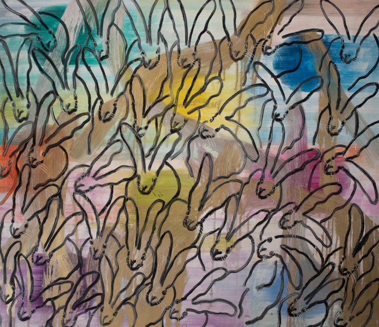 Hunt Slonem "Chinensis Madewood" Multicolored Bunnies
Black gestured bunnies on metallic multicolored background
Unframed: 72 x 84 in.
Hunt Slonem is a well-renowned American artist is known for his neo-expressionist paintings of butterflies,
