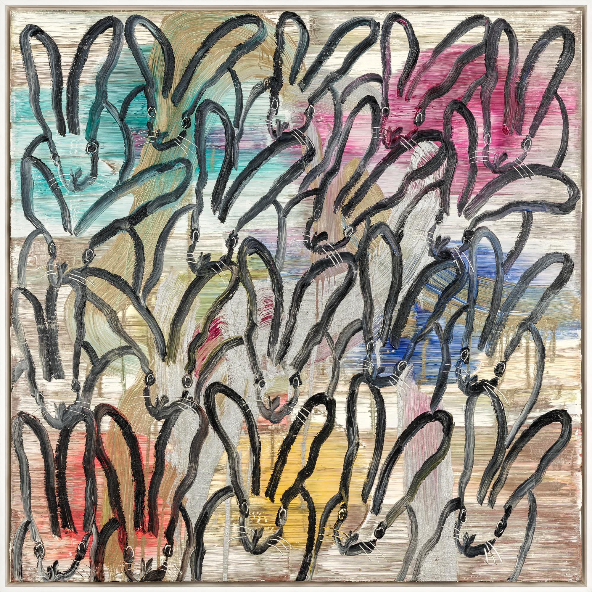"Chinensis New Year " is a framed Neo-expressionist oil painting on canvas by Hunt Slonem depicting a large group of bunnies set against a colorful background. 

This piece is finished in a white floater frame. Pricing includes the pictured frame.