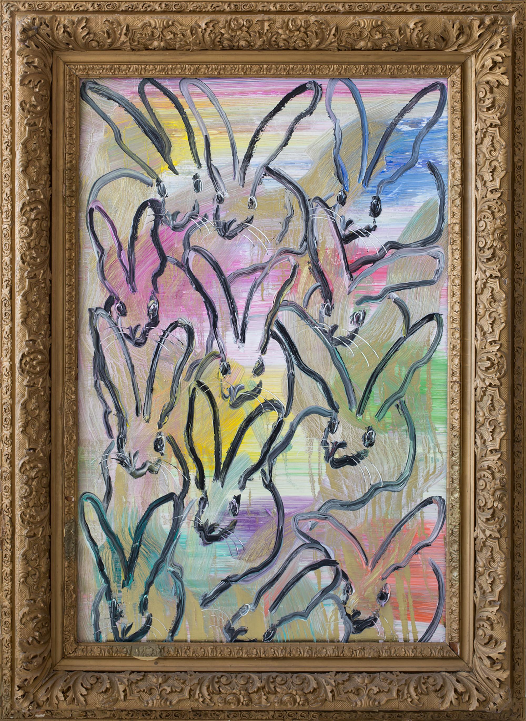 "Chinesis" by Hunt Slonem is a neo-expressionist style painting with multiple bunnies with splashes of pink, purple, yellow, green, blue and a wash of gold. This piece measures 33.5 inches wide by 51.5 inches tall.

Inspired by nature and his 60 pet