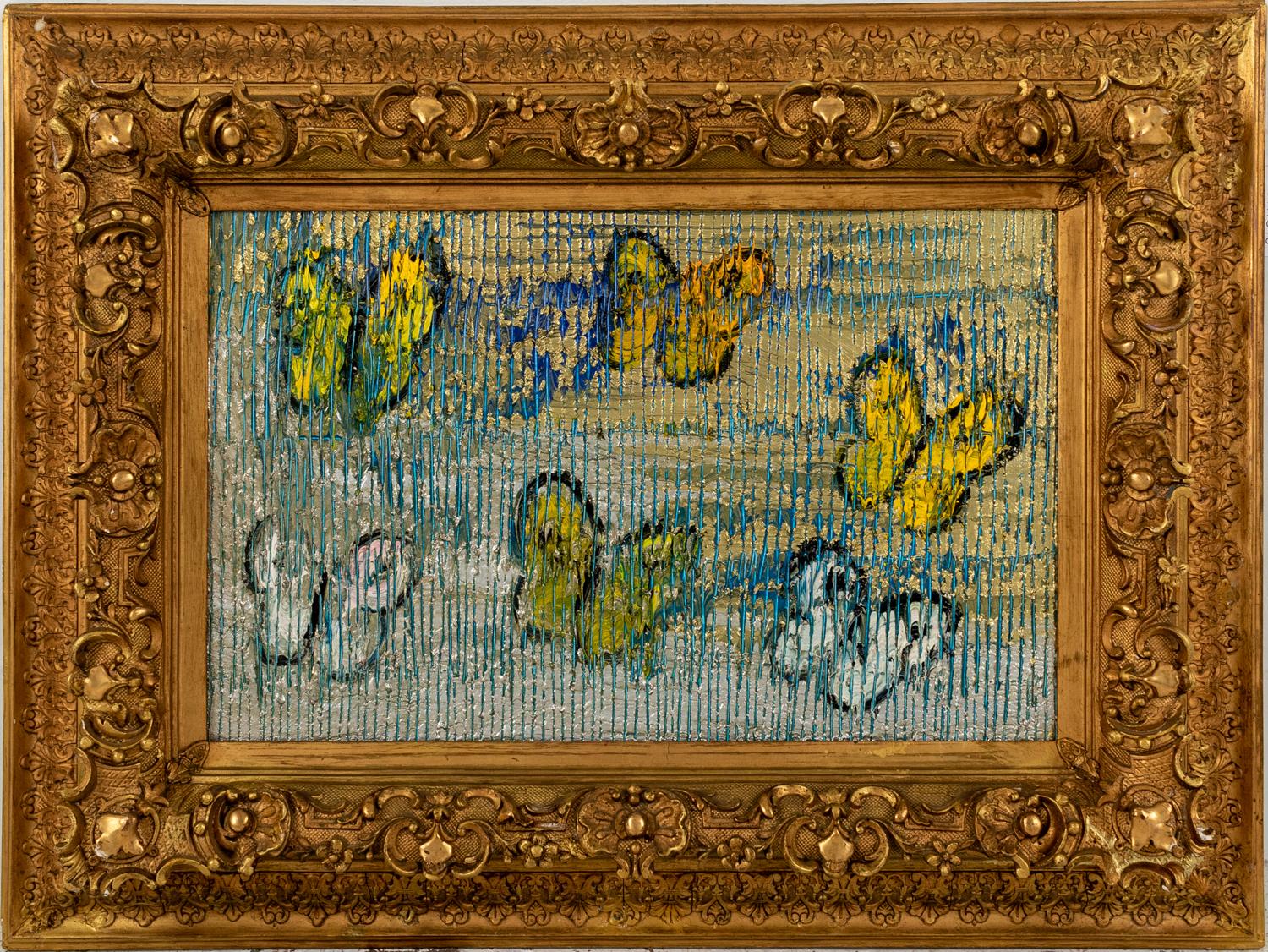Hunt Slonem "Clamoring" Blue, Silver, & Yellow Metallic Butterflies
Blue and yellow butterflies on a metallic silver blue scored background in gold ornate antique frame

Unframed: 15 x 23.25 inches
Framed: 25 x 33 inches
*Painting is framed - Please