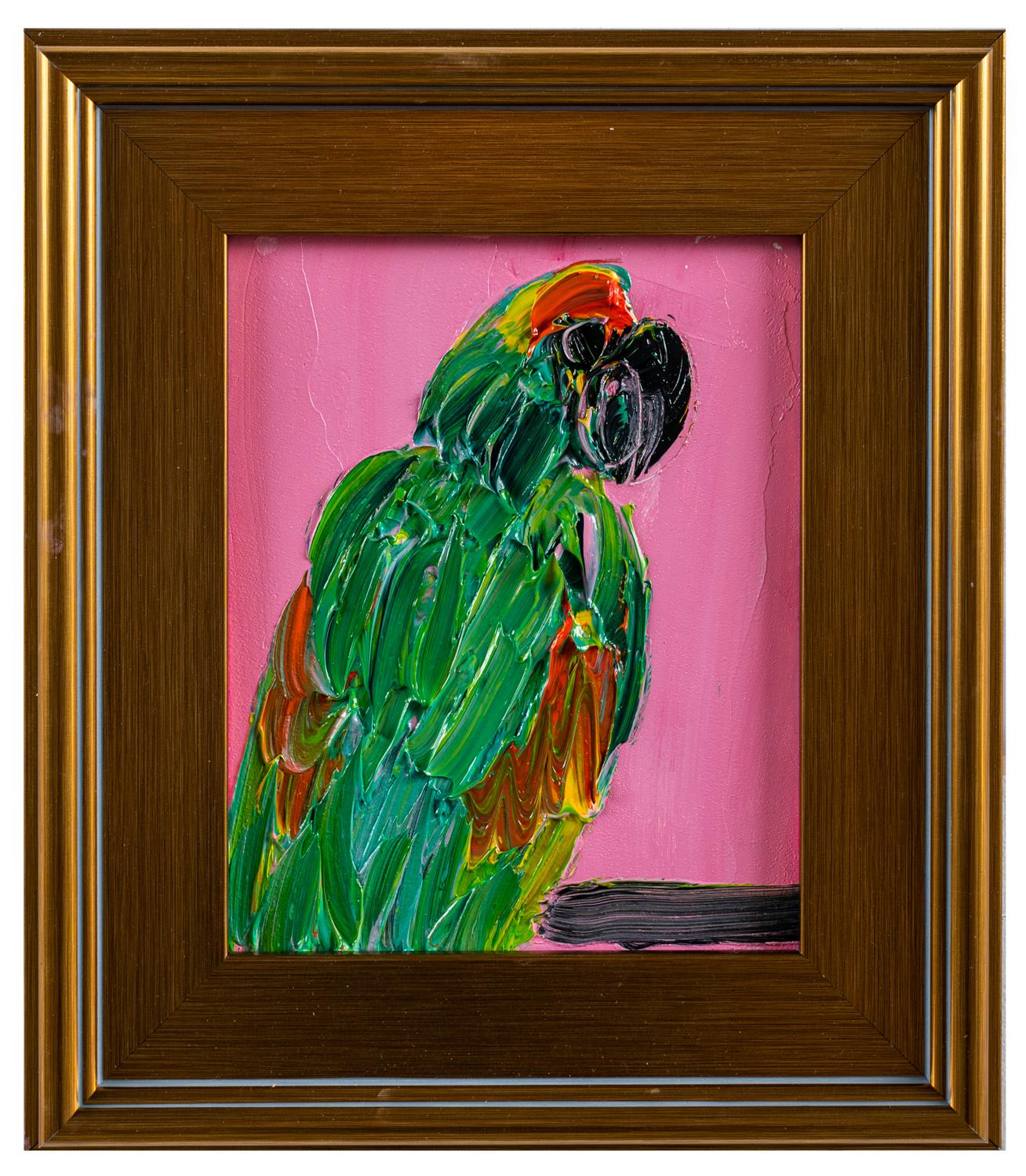 Available at Madelyn Jordon Fine Art. 'Now and Again' by Hunt Slonem, 2023.  Oil on wood, 10 x 8 in. / Frame: 15 x 13 in. This painting features a charming portrait of a parrot. The parrot is painted in green, orange and black on a hot pink