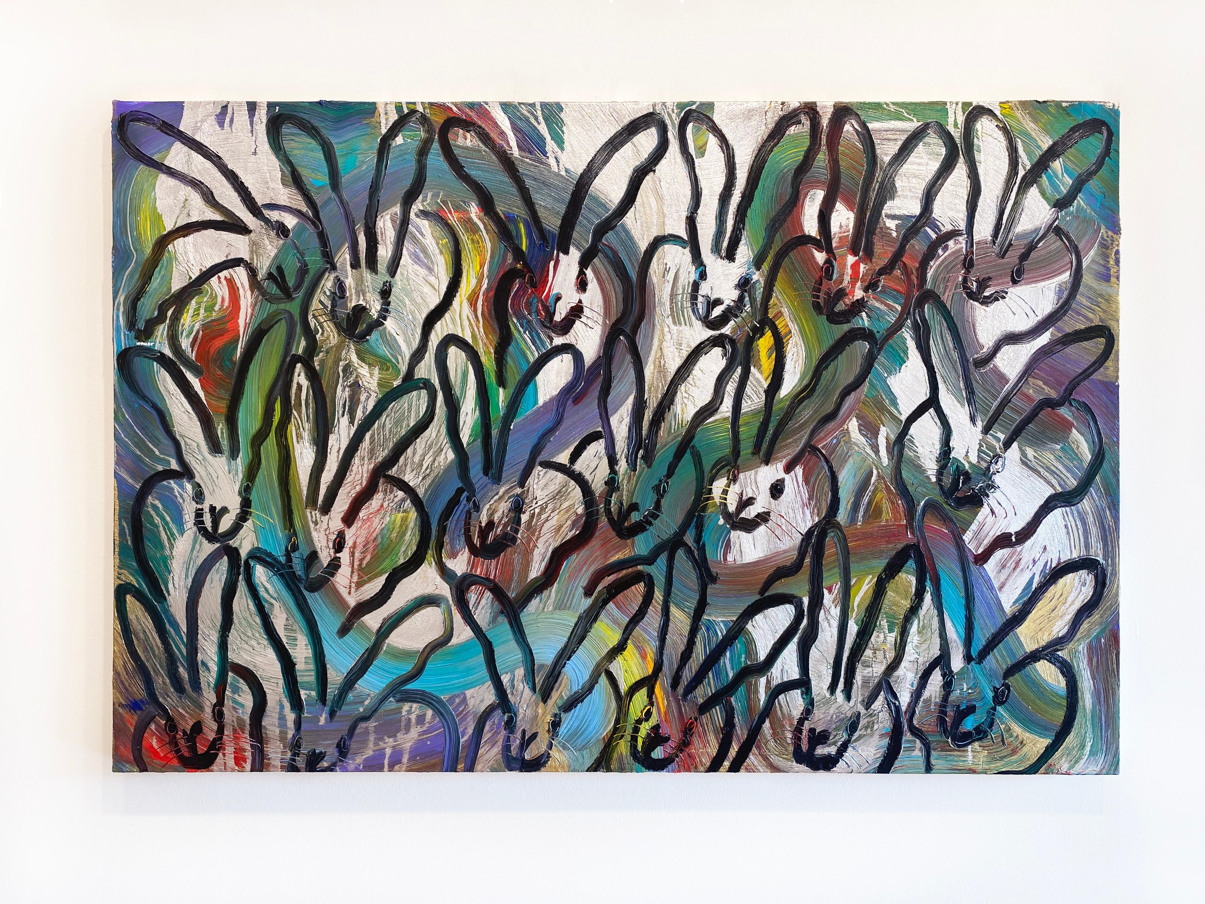 Hunt Slonem Colorful Bunnies Oil Painting 'Belle Terre Totem' 1