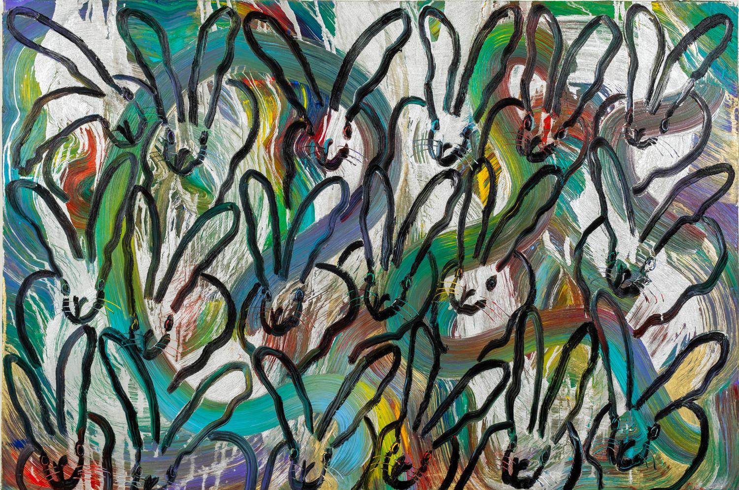 'Belle Terre Totem' by Hunt Slonem, 2021. Oil on canvas, 40 x 60 in. This painting features Slonem's signature bunnies outlined in black over swirling strokes of silver, green, red, yellow, and blue.

Slonem's new series 'Totems’, an evolution of