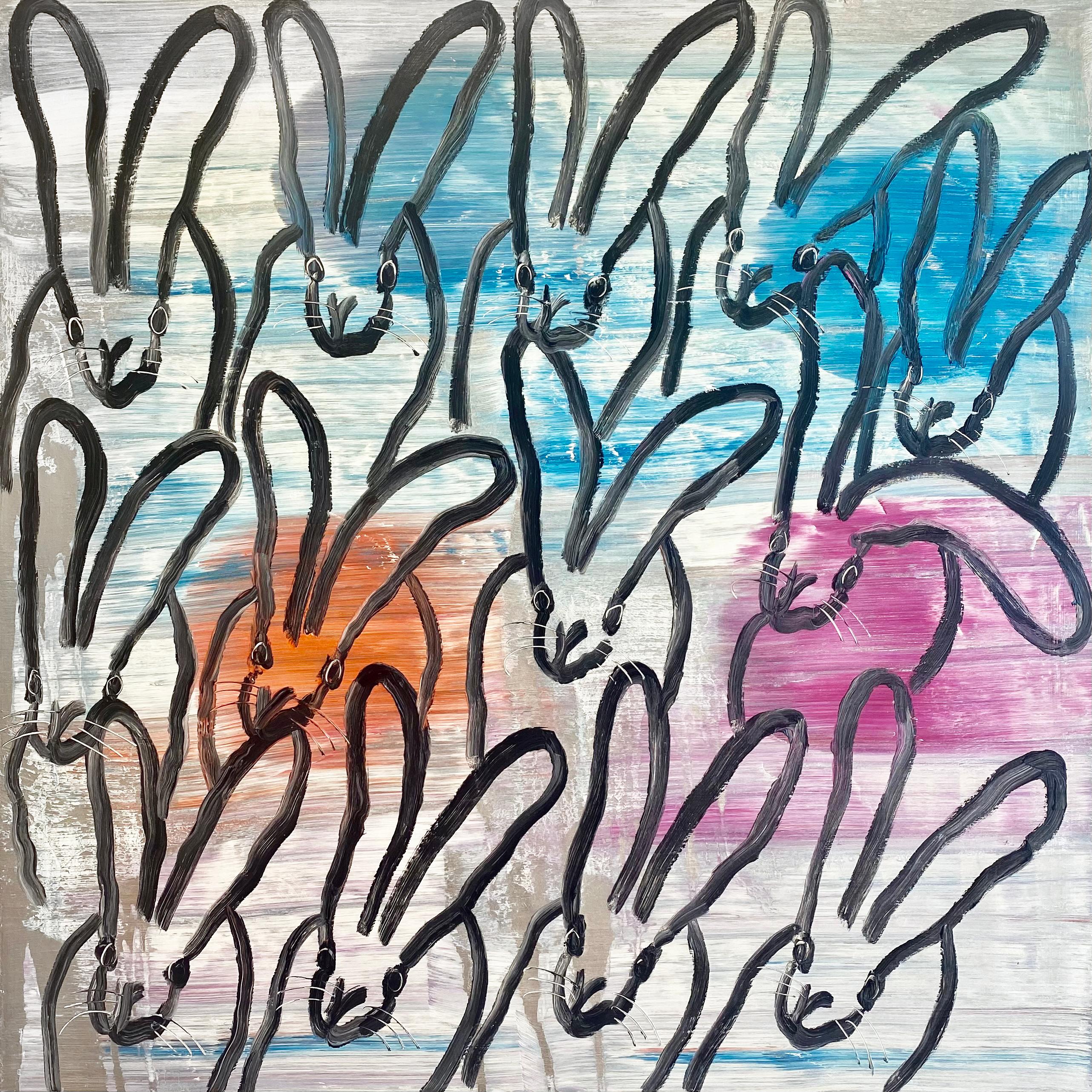 'Chinensis The Mother' by Hunt Slonem, 2021. Oil on canvas, 48 x 48 in. This painting features Slonem's signature bunnies outlined in black over swirling colors of silver, pink, orange, and blue.

This novel ‘bunnies’ painting is influenced by the