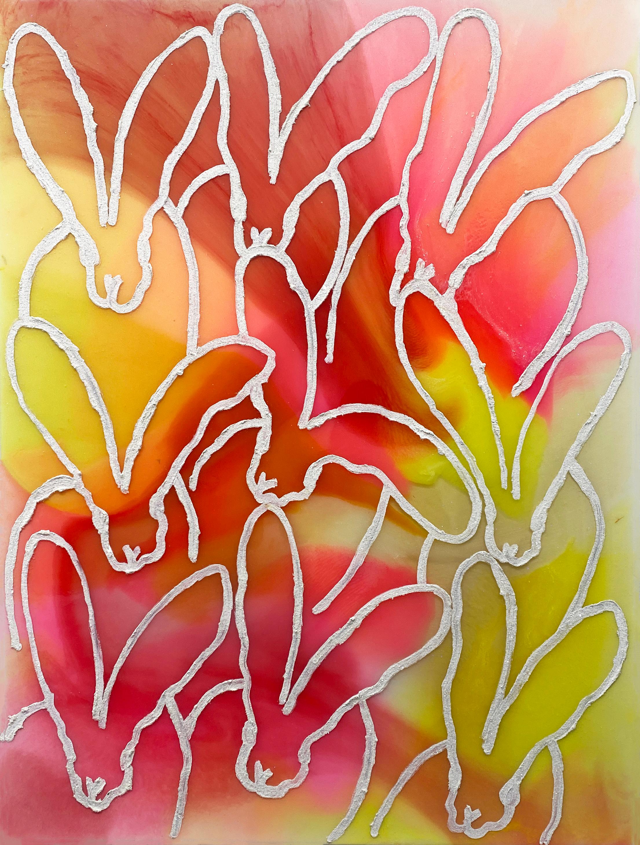 Available at Madelyn Jordon Fine Art. 'Glisten 3' by Hunt Slonem, 2023. Oil on canvas, 40 x 30 in. This painting features Slonem's signature bunnies outlined in white over swirling strokes of pink, red, yellow, and orange.

Considered one of the