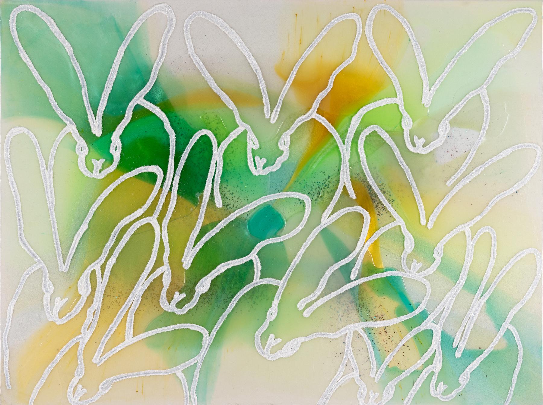 Available at Madelyn Jordon Fine Art. 'Glisten Dawn' by Hunt Slonem, 2024.  Oil and acrylic with diamond dust on canvas, 30 x 40 in. This painting features Slonem's signature bunnies outlined in white painted over swirling strokes of green, yellow,