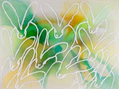 Hunt Slonem, Harz- und Diamantstaub-Gemälde grüner weißer Hasen, Gemälde, „Glisten Dawn“