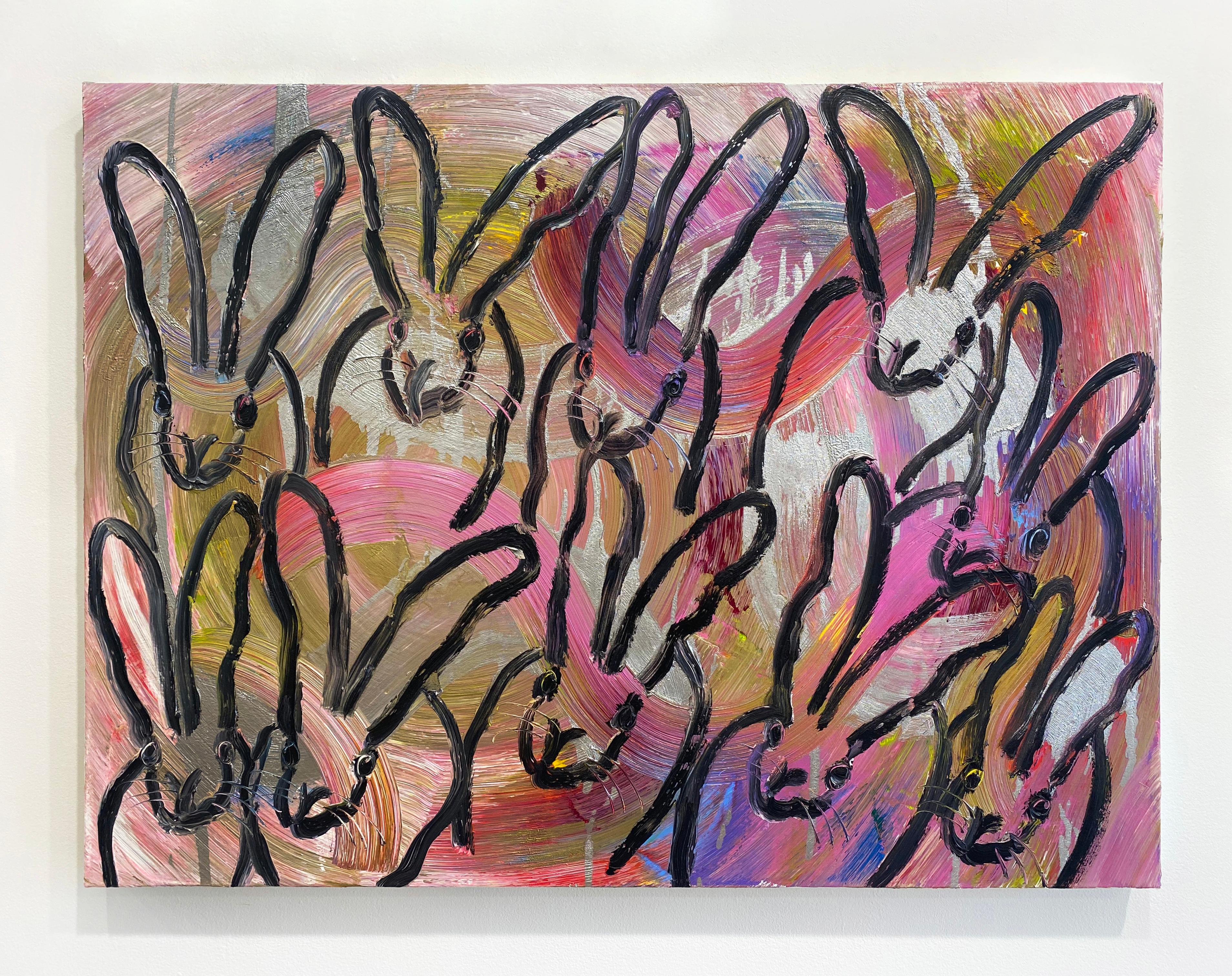 'Totem Tangle' by Hunt Slonem, 2021. Oil on canvas, 30 x 40 in. This painting features Slonem's signature bunnies outlined in black over swirling strokes of gold, silver, pink, white, and purple. 

Slonem's new series 'Totems’, an evolution of