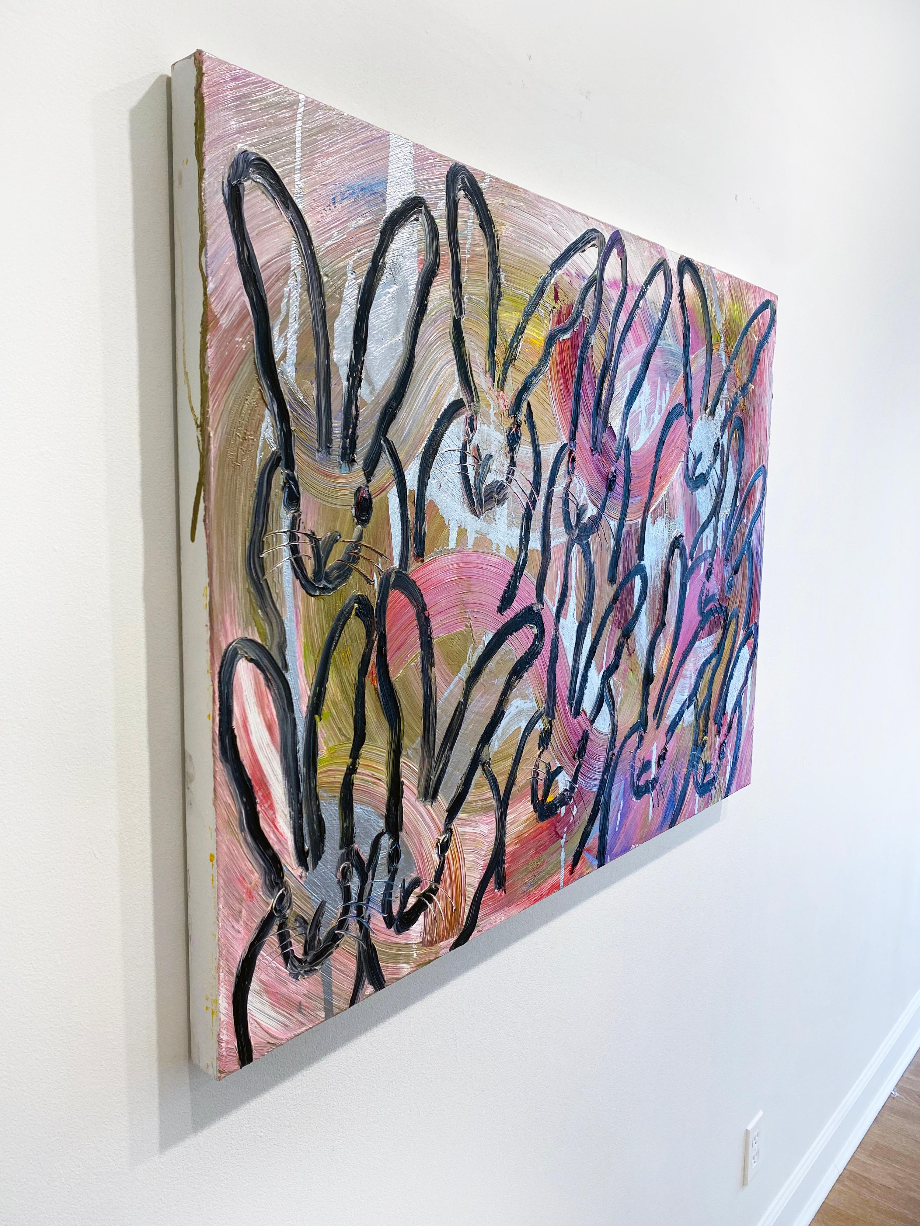 Hunt Slonem Colorful Bunnies Oil Painting 'Totem Tangle' 1
