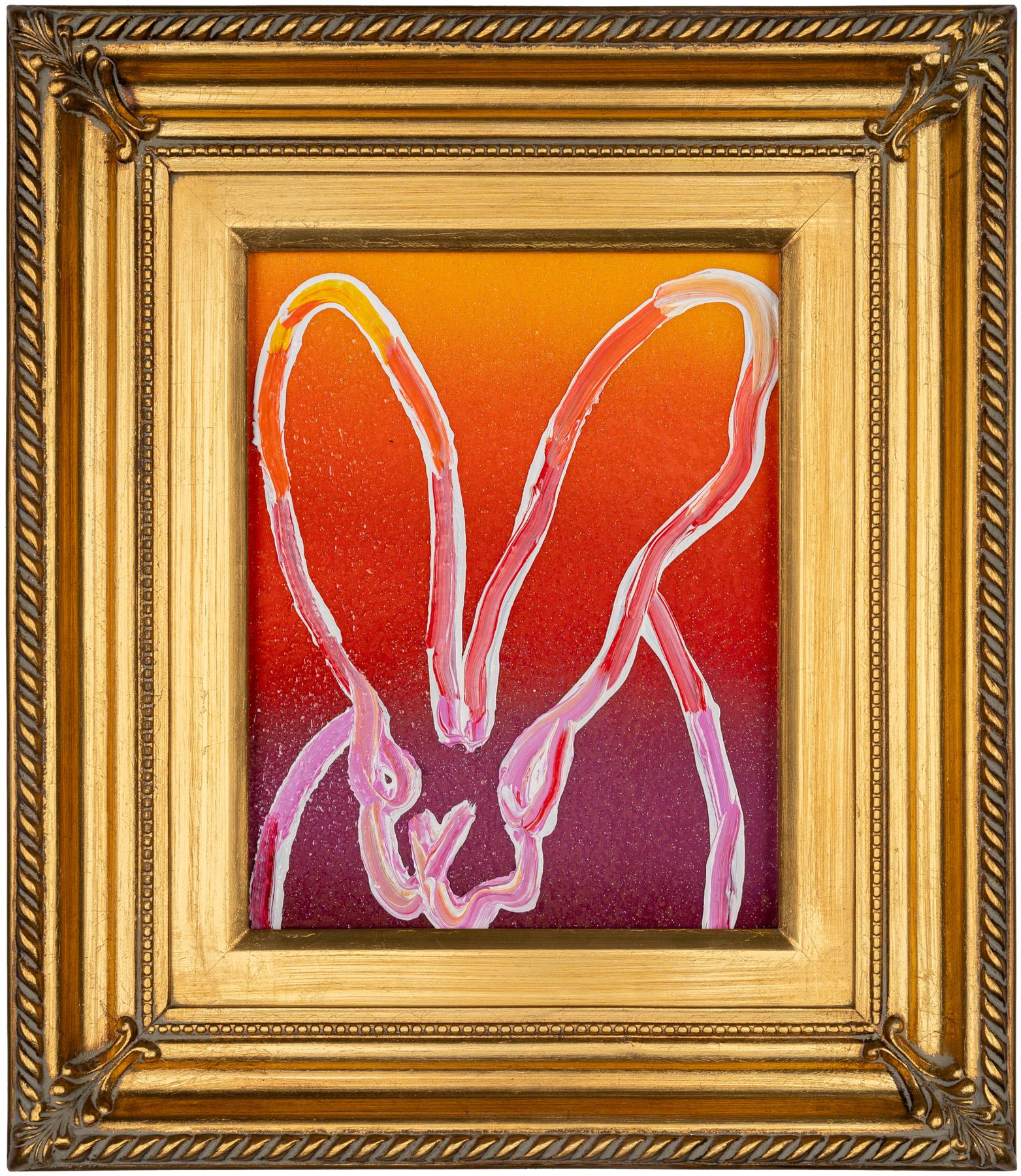 Available at Madelyn Jordon Fine Art. Hunt Slonem bunny oil painting 'Evening' 2023. Oil on wood, 10 x 8 in. / Frame: 16 x 14 in. This painting features Slonem's signature bunny outlined in white over a multicolored background. Framed in a