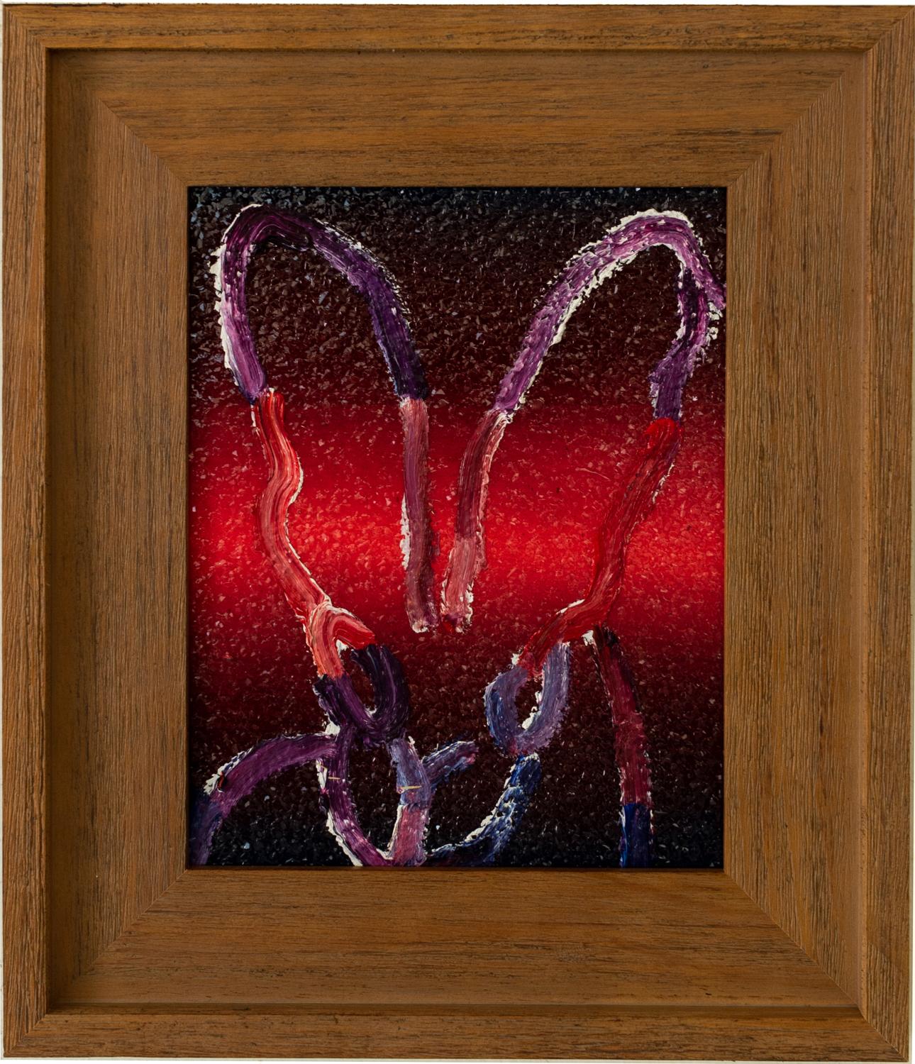 Hunt Slonem bunny oil painting 'Mauve', 2021. Oil and diamond dust on wood, 10 x 8 in. / Frame: 14.5 x 12.5 in. This painting features Slonem's signature bunny outlined in purple and white over a red and black diamond dust background. Includes an