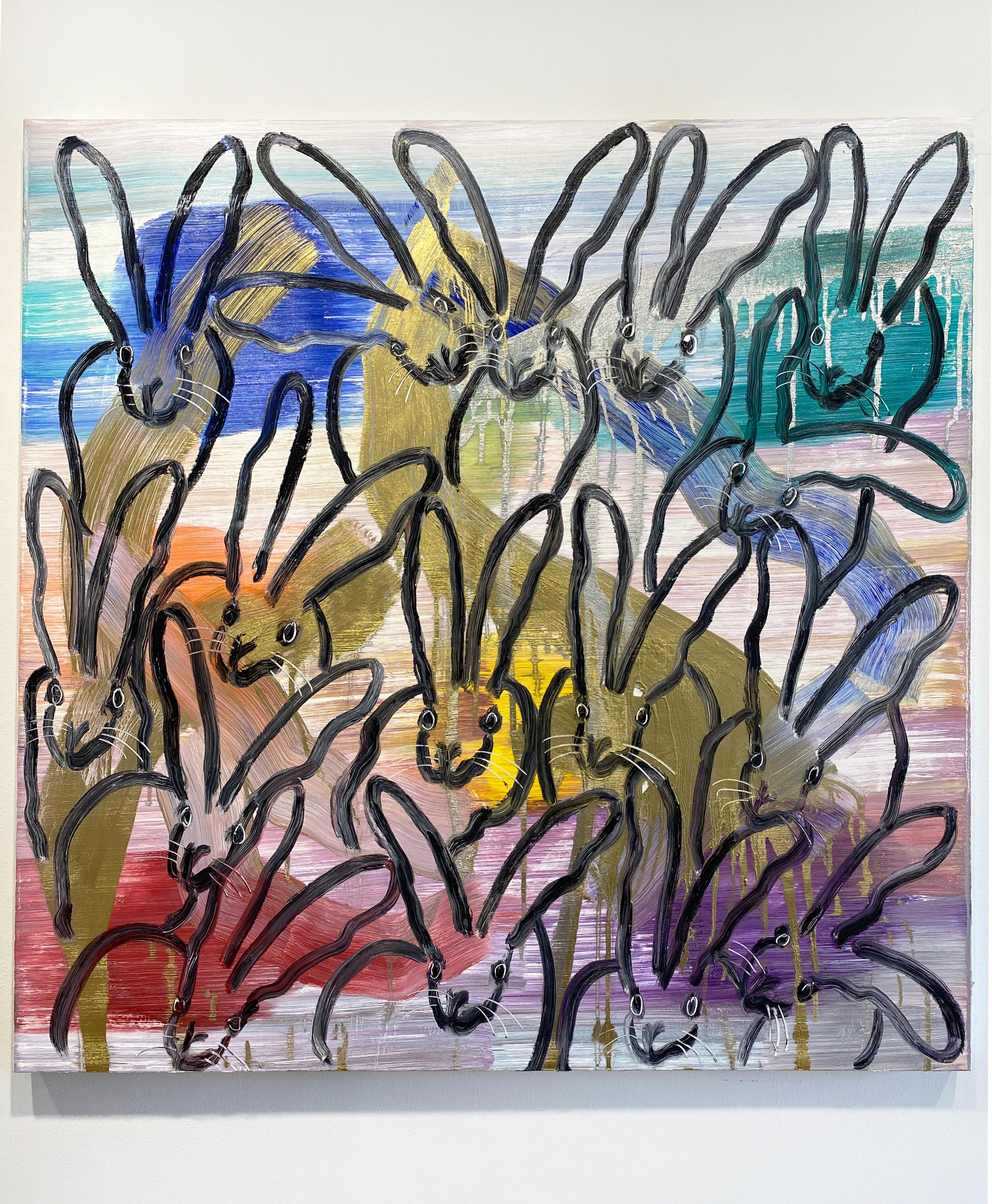 'Chinensis Vision' by Hunt Slonem, 2020. Oil on canvas, 48 x 48 in. This painting features Slonem's signature bunnies outlined in black over colorful strokes of purple, yellow, blue, green, orange and gold that are arranged throughout the white