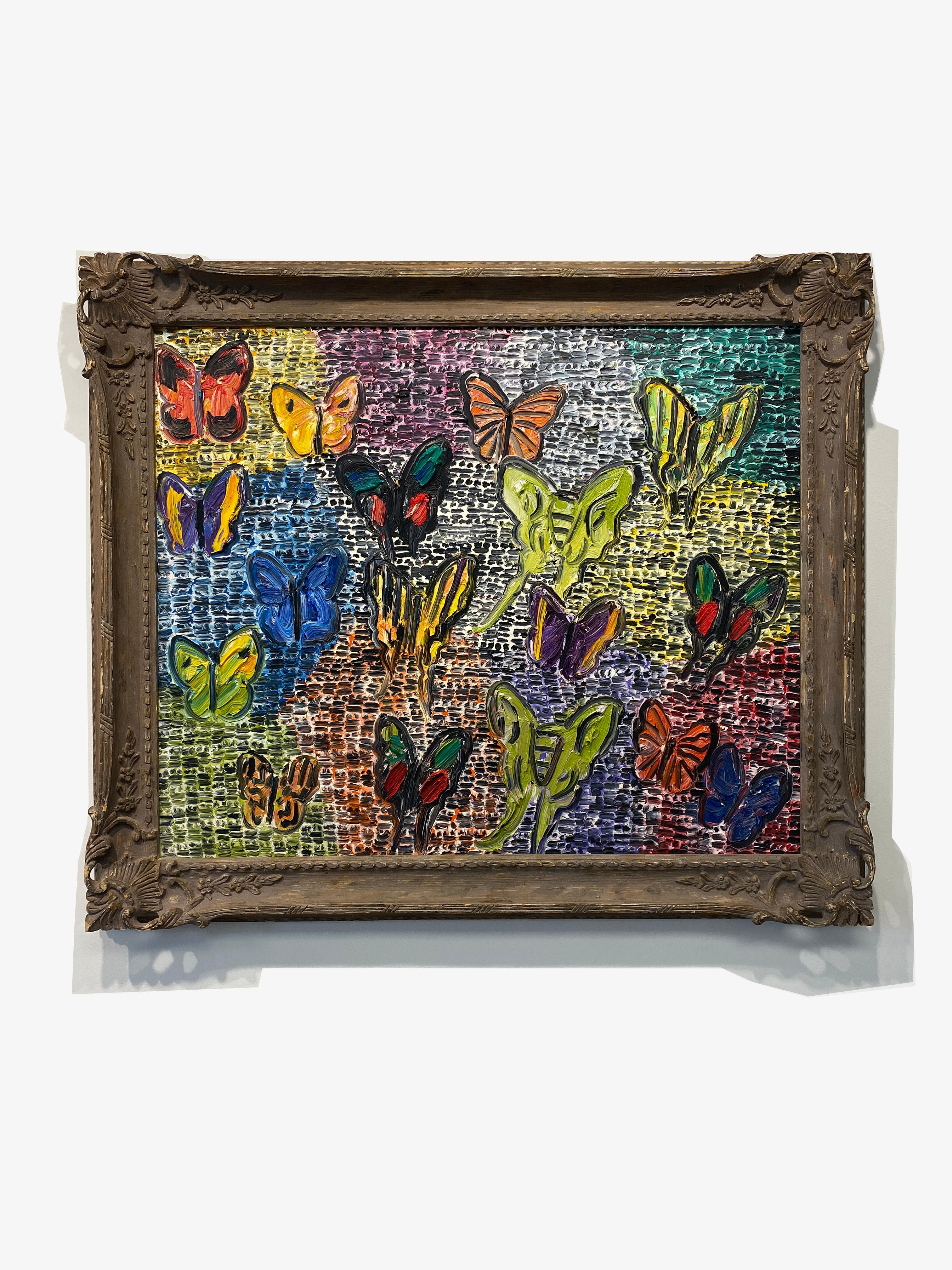 Hunt Slonem Bunte Schmetterlinge Ölgemälde 'Morgenmantel & Koma' im Angebot 1