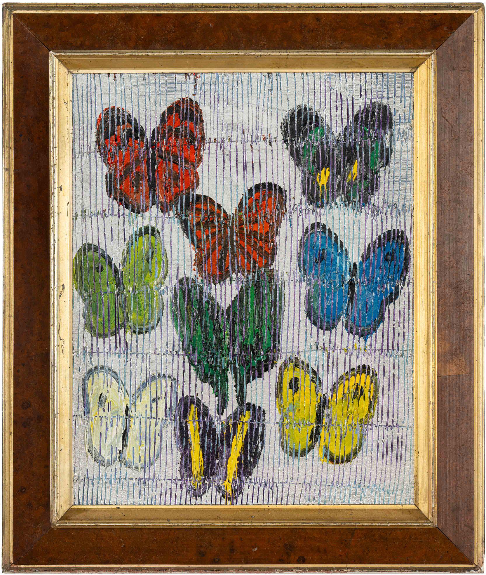 Morphe" di Hunt Slonem, 2024. Olio su legno, 20 x 16 pollici. / Telaio: 26 x 22 pollici. Firmato sul retro. Questo quadro presenta un affascinante ritratto di 9 farfalle colorate. Le farfalle sono dipinte in una tavolozza di colori con varie
