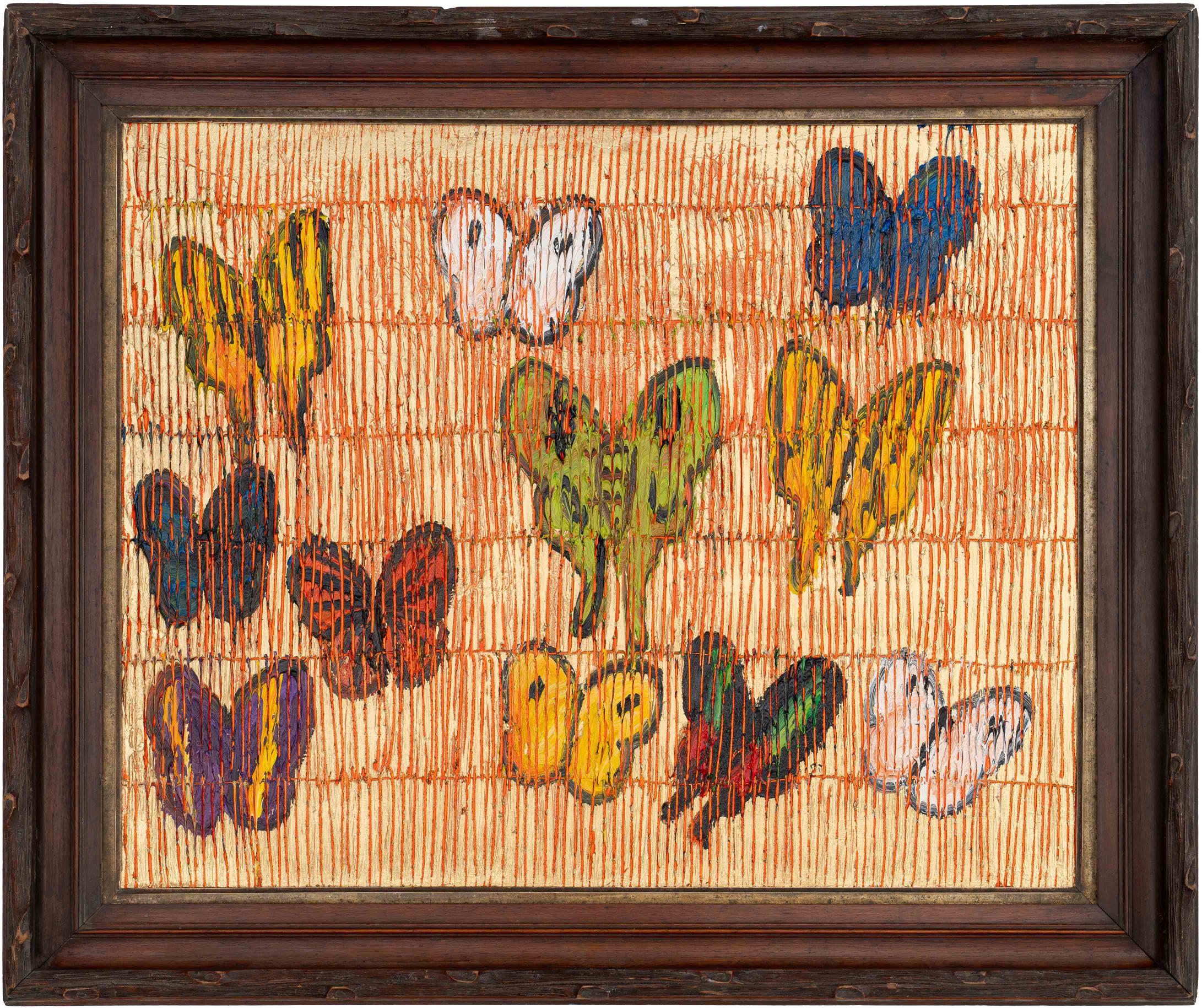 Mar Rosso" di Hunt Slonem, 2024. Olio su legno, 23 x 29 pollici. / Telaio: 29,5 x 35 pollici. Firmato sul retro. Questo quadro presenta un affascinante ritratto di farfalle colorate. Le farfalle sono dipinte in una tavolozza di colori con varie