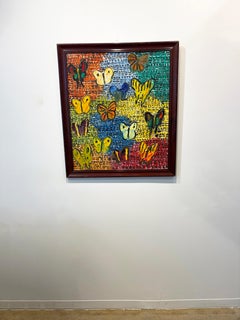 Hunt Slonem Colorful Butterfly Painting 'Guardians & Morning Glory' Oil on Wood