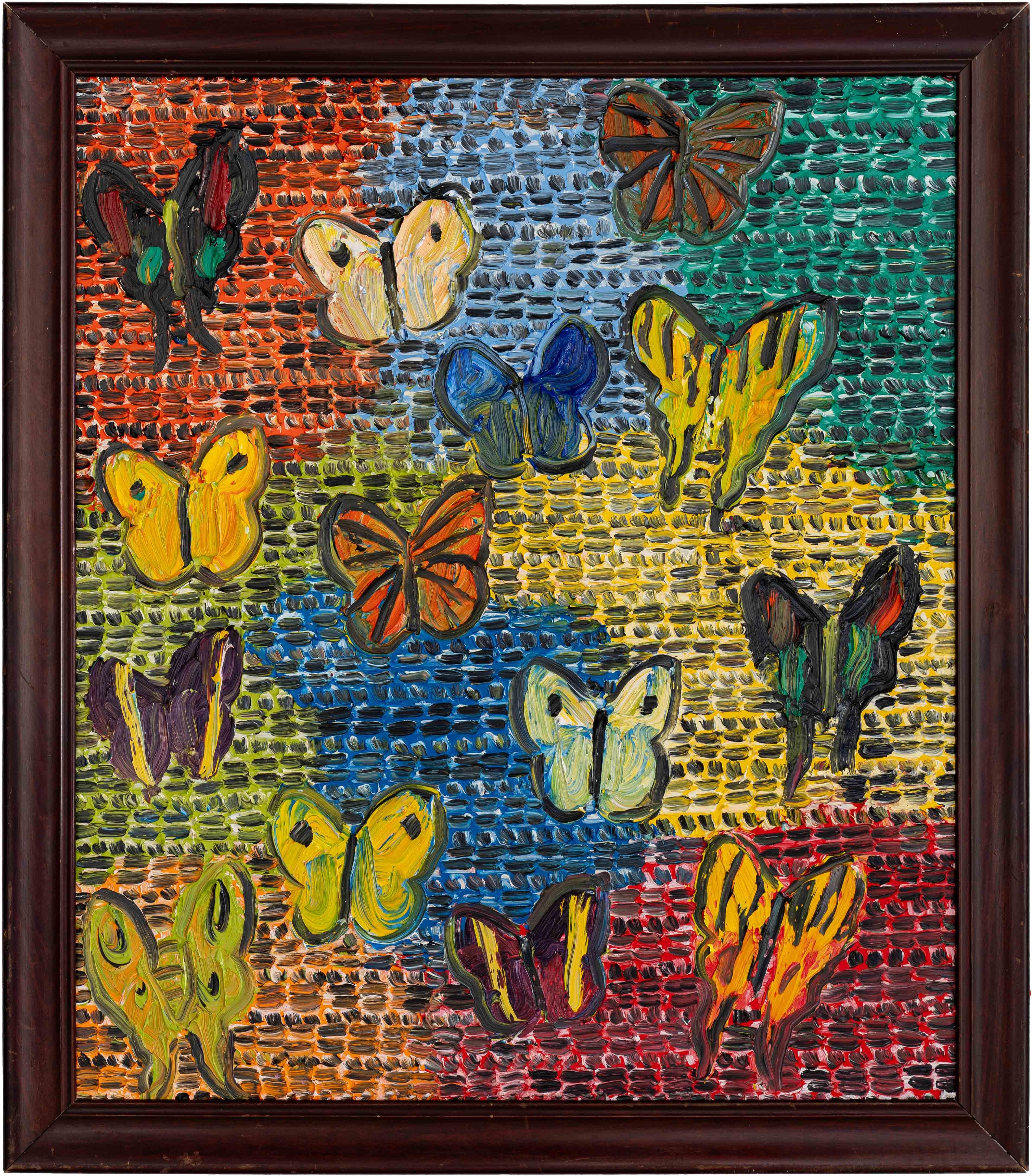 Hunt Slonem Colorful Butterfly Painting 'Guardians & Morning Glory' Oil on Wood