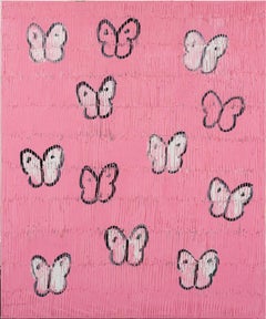 Hunt Slonem "Cotton Field Pointe Coupee" Black Outline Butterflies On Pink