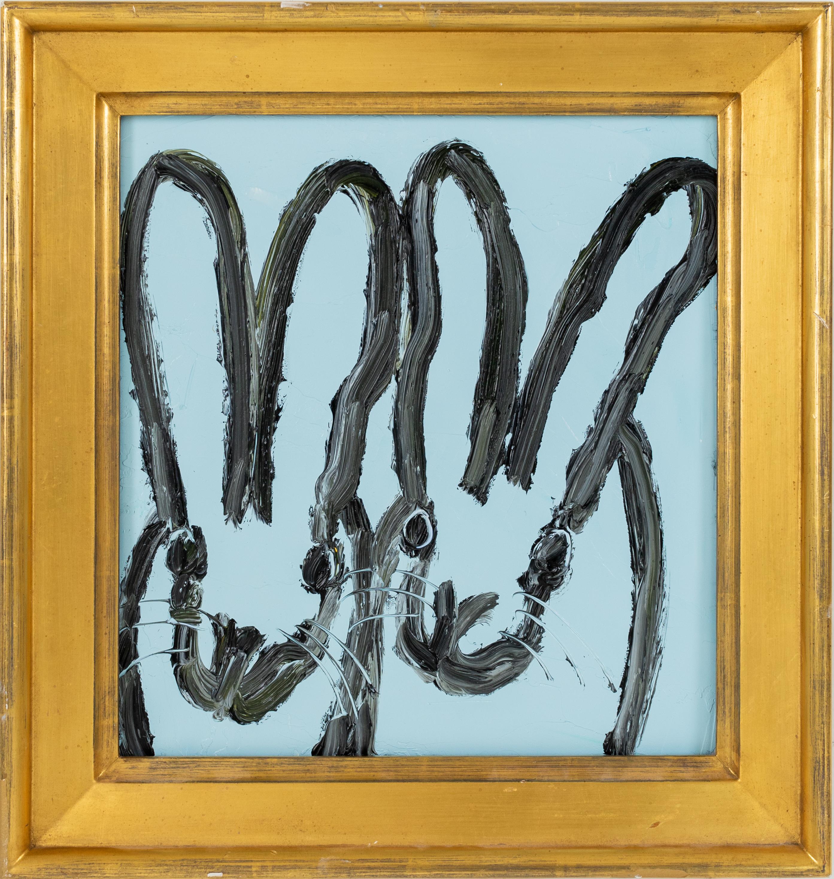 Hunt Slonem "Couple" Blue Bunnies
Two black gestured bunnies on a sky blue background in a vintage frame

Unframed: 14 x 13 inches  
Framed: 18.5 x 17.5 inches
*Painting is framed*   

Hunt Slonem is a well-renowned American artist is known for his
