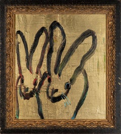 Hunt Slonem "Couple" Gold Oil Painting of Bunnies with Hints of Blue Red & Green