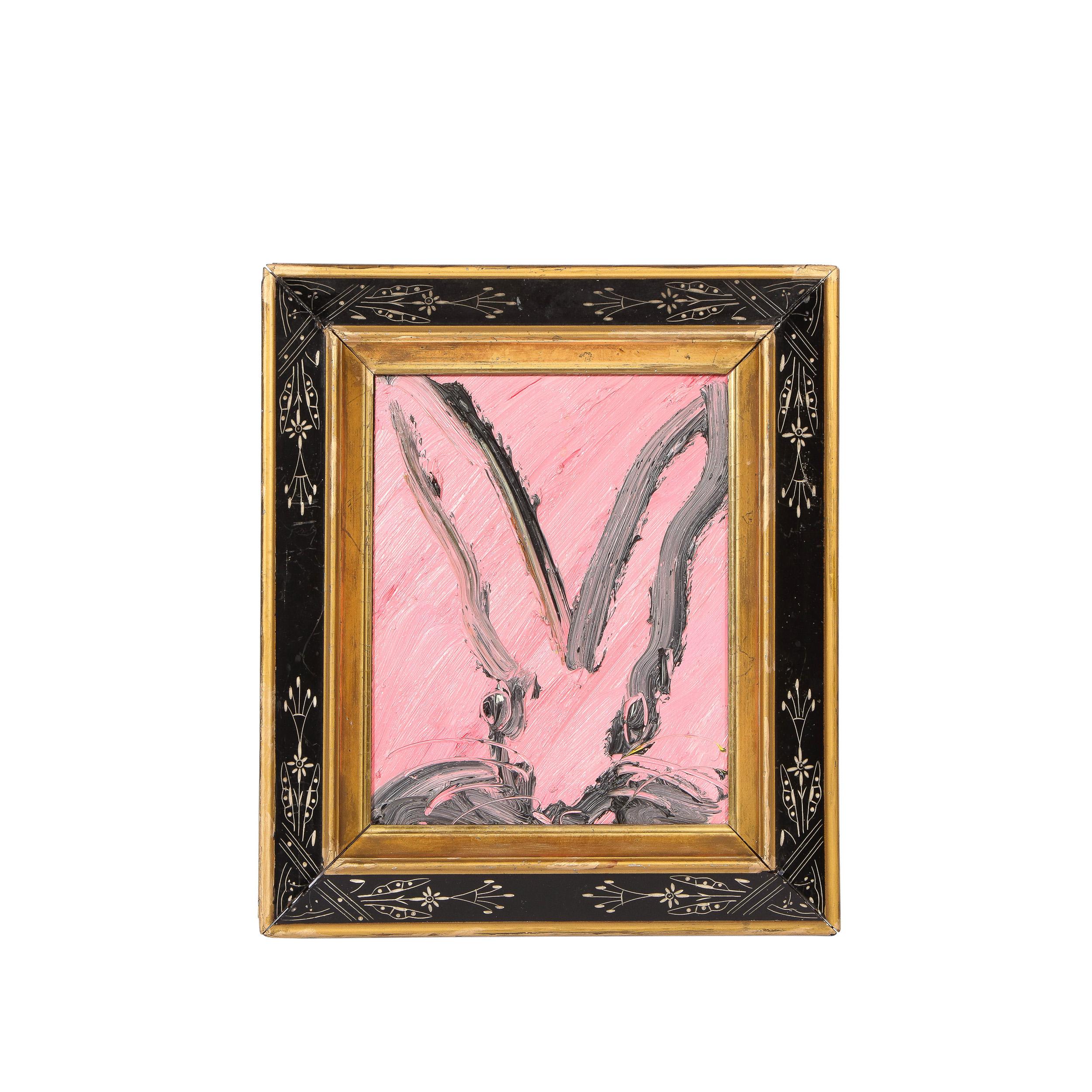 This sophisticated modern acrylic painting was realized by the esteemed contemporary painter, Hunt Slonem in 2015. It presents a stylized bunny rabbit, rendered with loose and expressive brush strokes in grisaille paint in profile against a hot pink