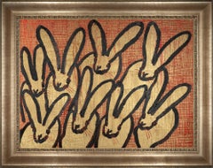Hunt Slonem "Cross Hatch" Oil Painting of Gold Bunnies with Red & Black Accents 