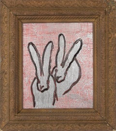 Hunt Slonem "Cross Hatch" Two Black Bunnies On Metallic Silver And Red