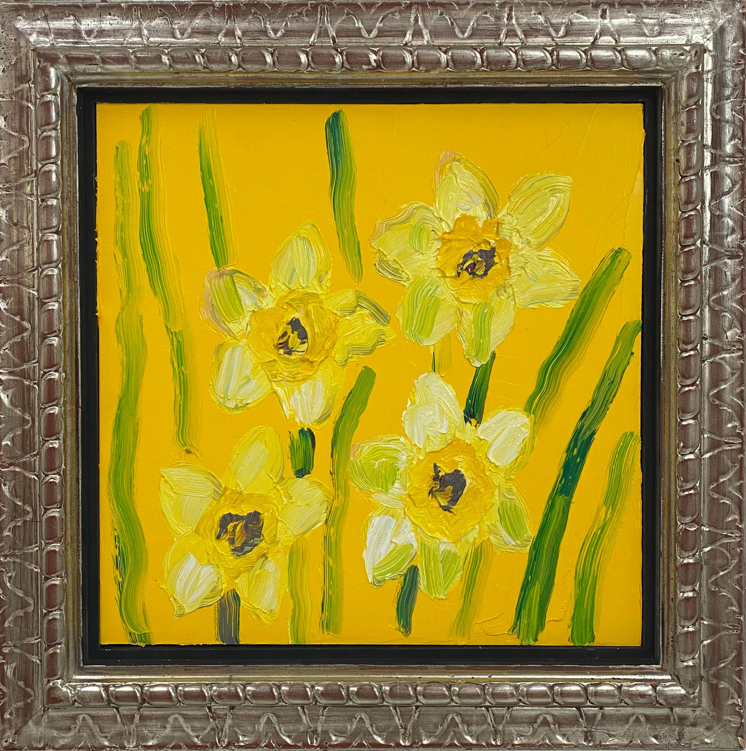 Hunt Slonem "Daffodils" Flowers on Yellow Background
Several daffodils gestured in yellow, white and green on a yellow background in a vintage frame

Unframed: 16.5 x 16 inches
Framed: 22 x 22 inches
*Painting is framed - Please note Hunt Slonem