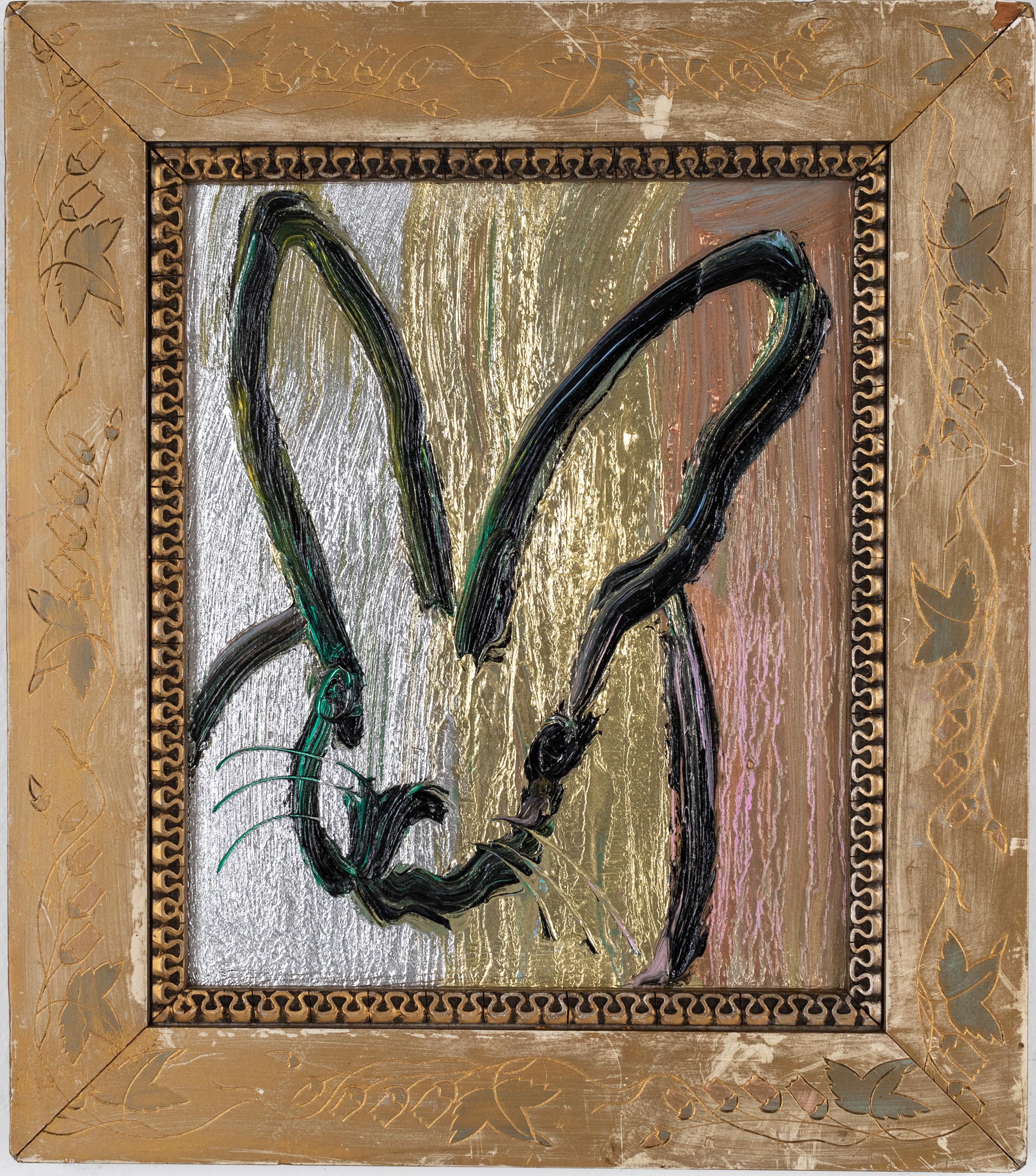 Hunt Slonem "Danny" Metallic Bunny
Black gestured bunny on a multicolored metallic background in an antique frame

Unframed: 12 x 10 inches  
Framed: 17 x 15 inches
*Painting is framed - Please note that not all Hunt Slonem frames are not in mint