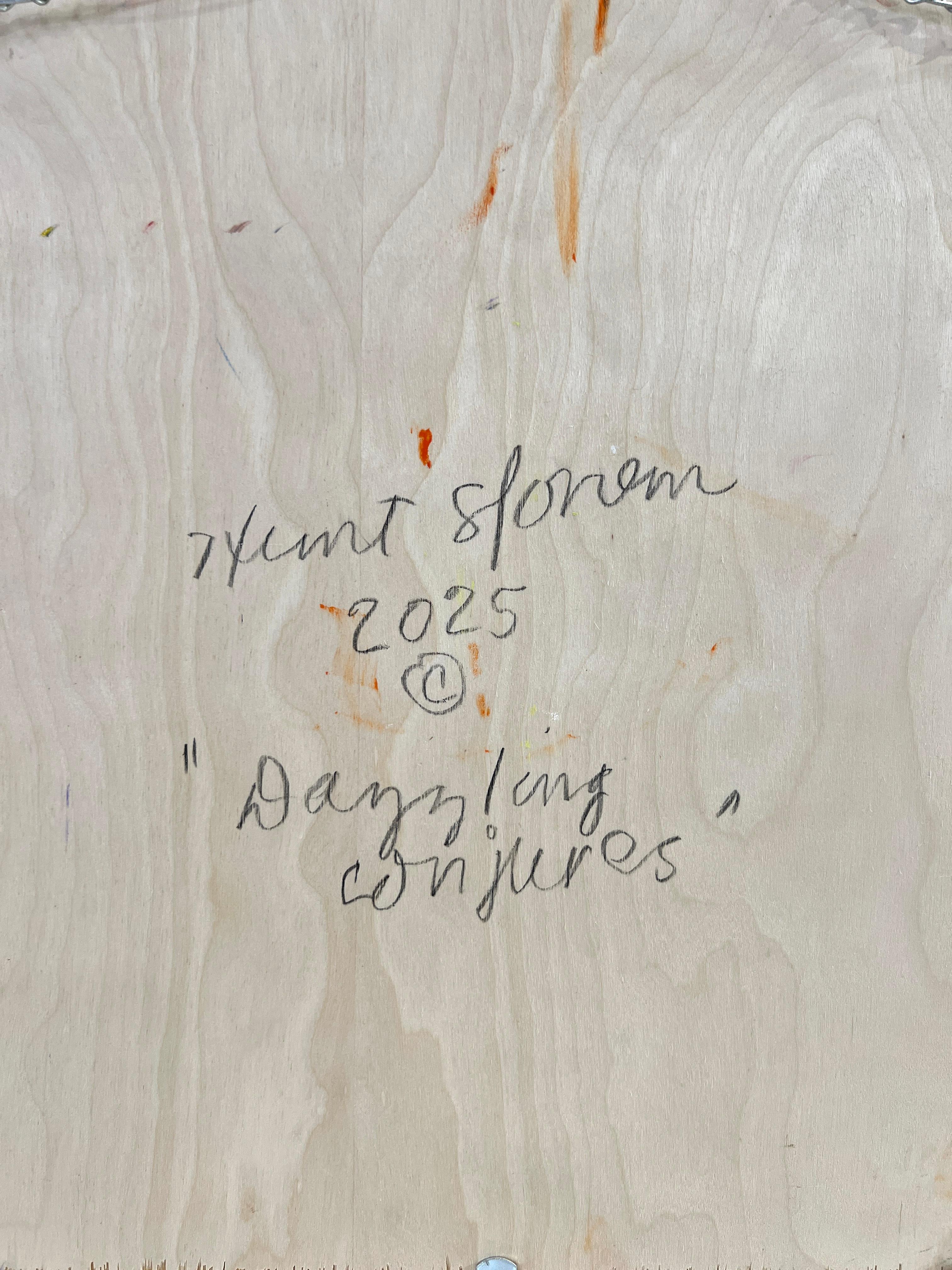 Hunt Slonem „Dazzling Conjures“ Mehrfarbige Papageienvogel auf orangefarbenem Hintergrund im Angebot 10